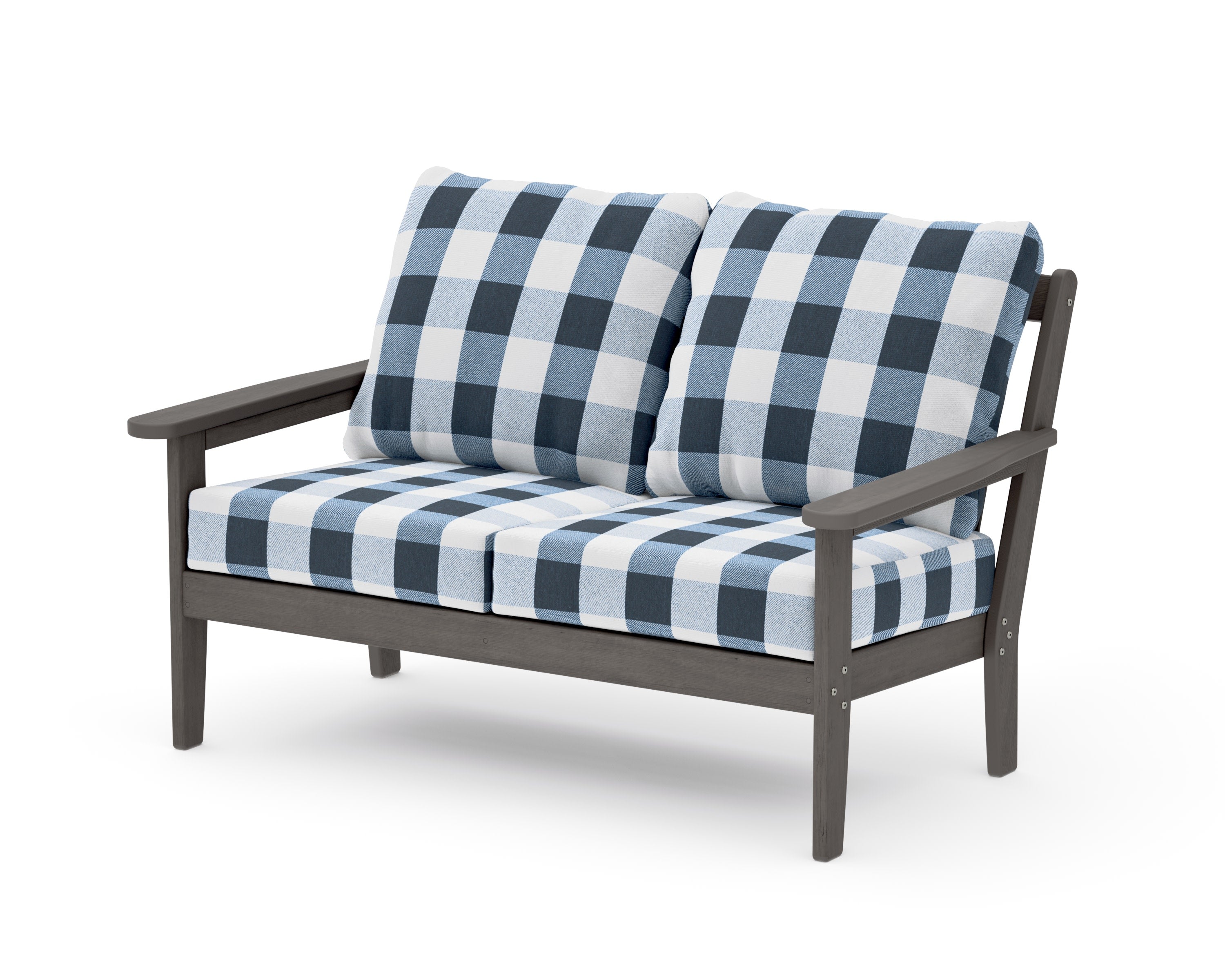 Cottage Deep Seating Loveseat in Driftwood / Buffalo Plaid Marine Indigo