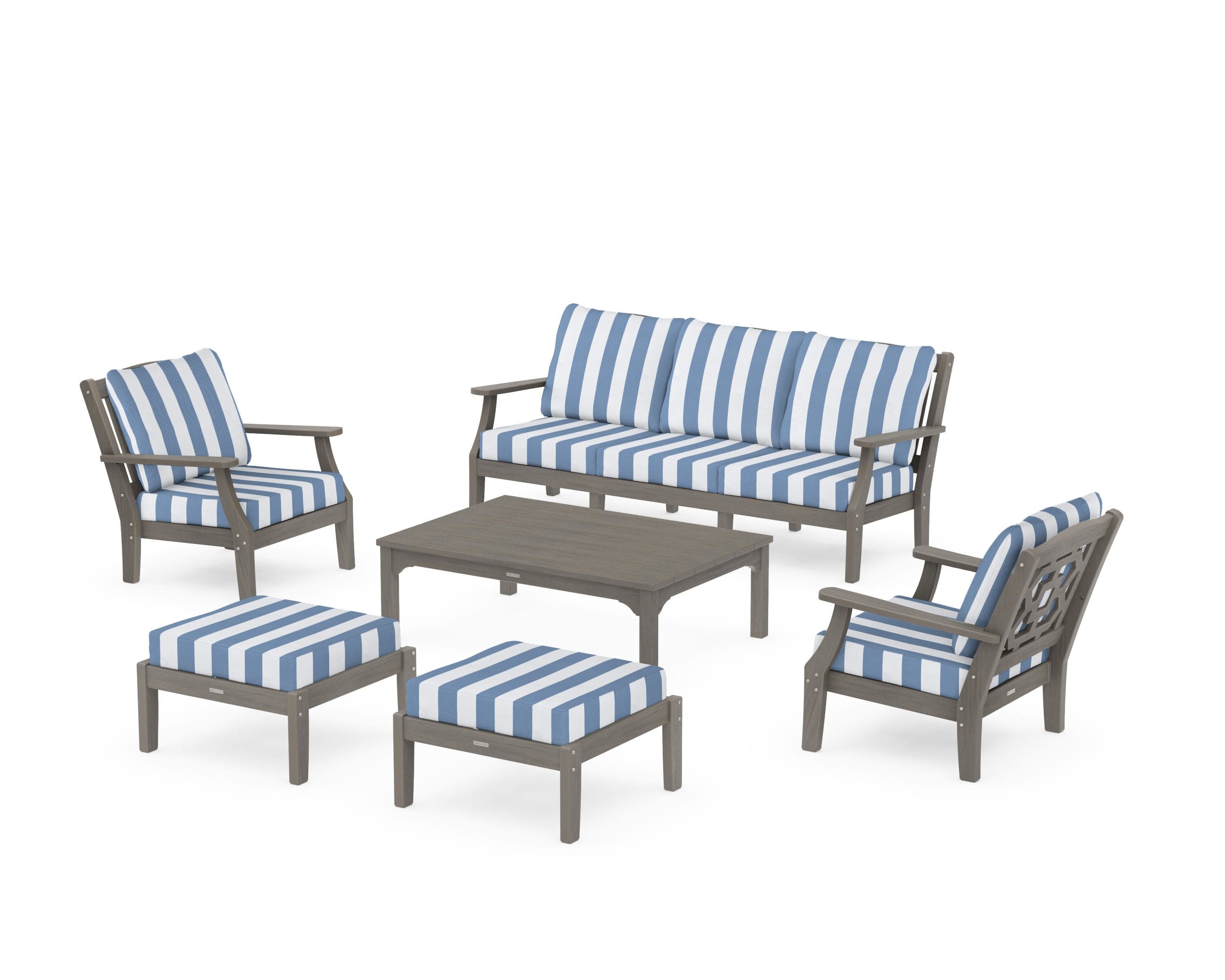 Chinoiserie 6-Piece Lounge Sofa Set in Driftwood / Cabana Stripe Sky Blue