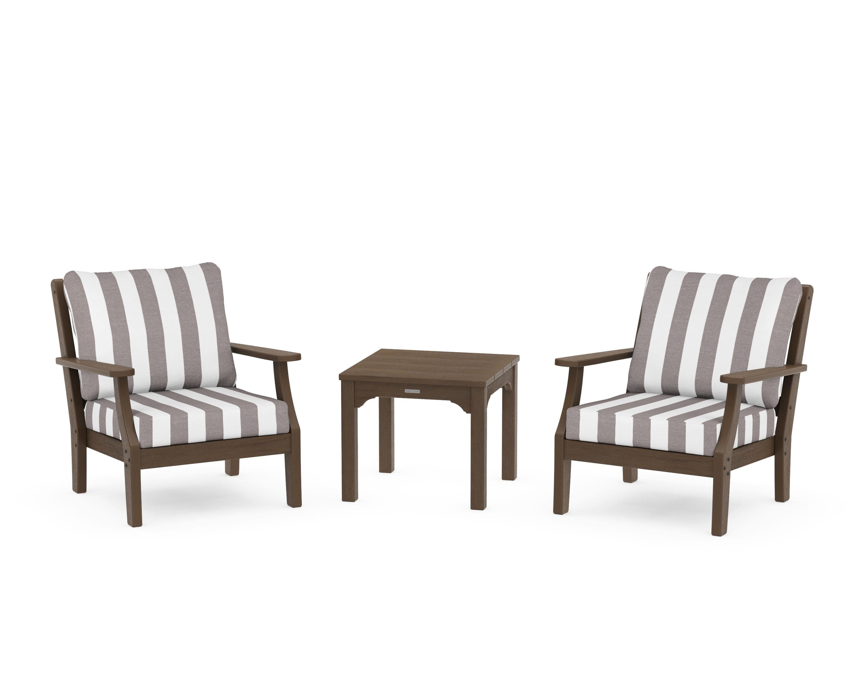 Chinoiserie 3-Piece Deep Seating Set in Kona / Cabana Stripe Grey Mist