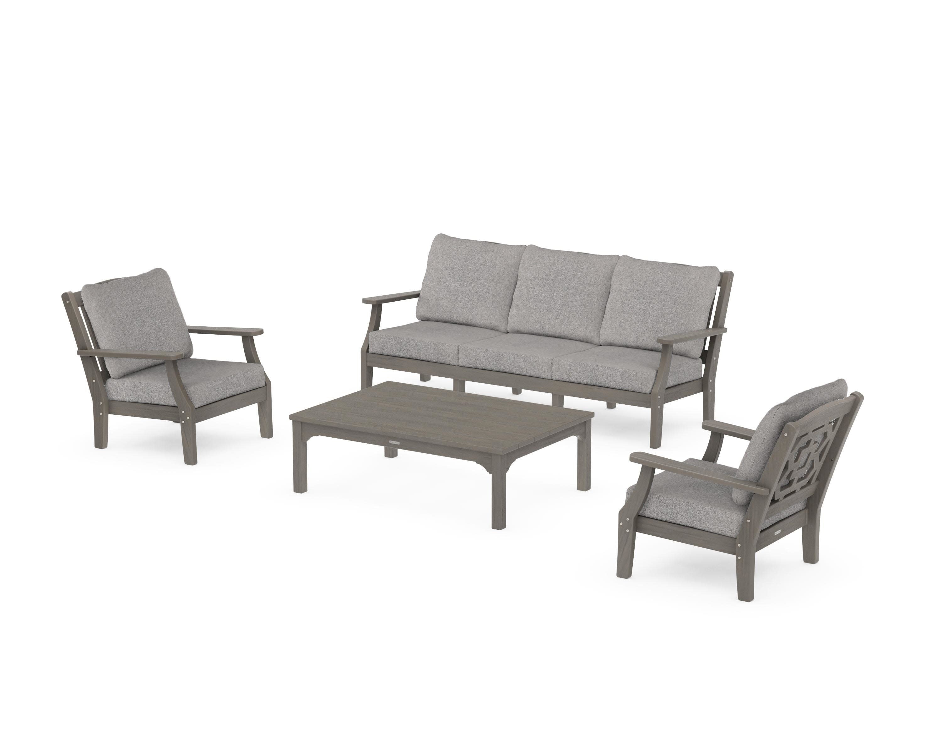 Chinoiserie 4-Piece Deep Seating Set with Sofa in Driftwood / Grey Mist