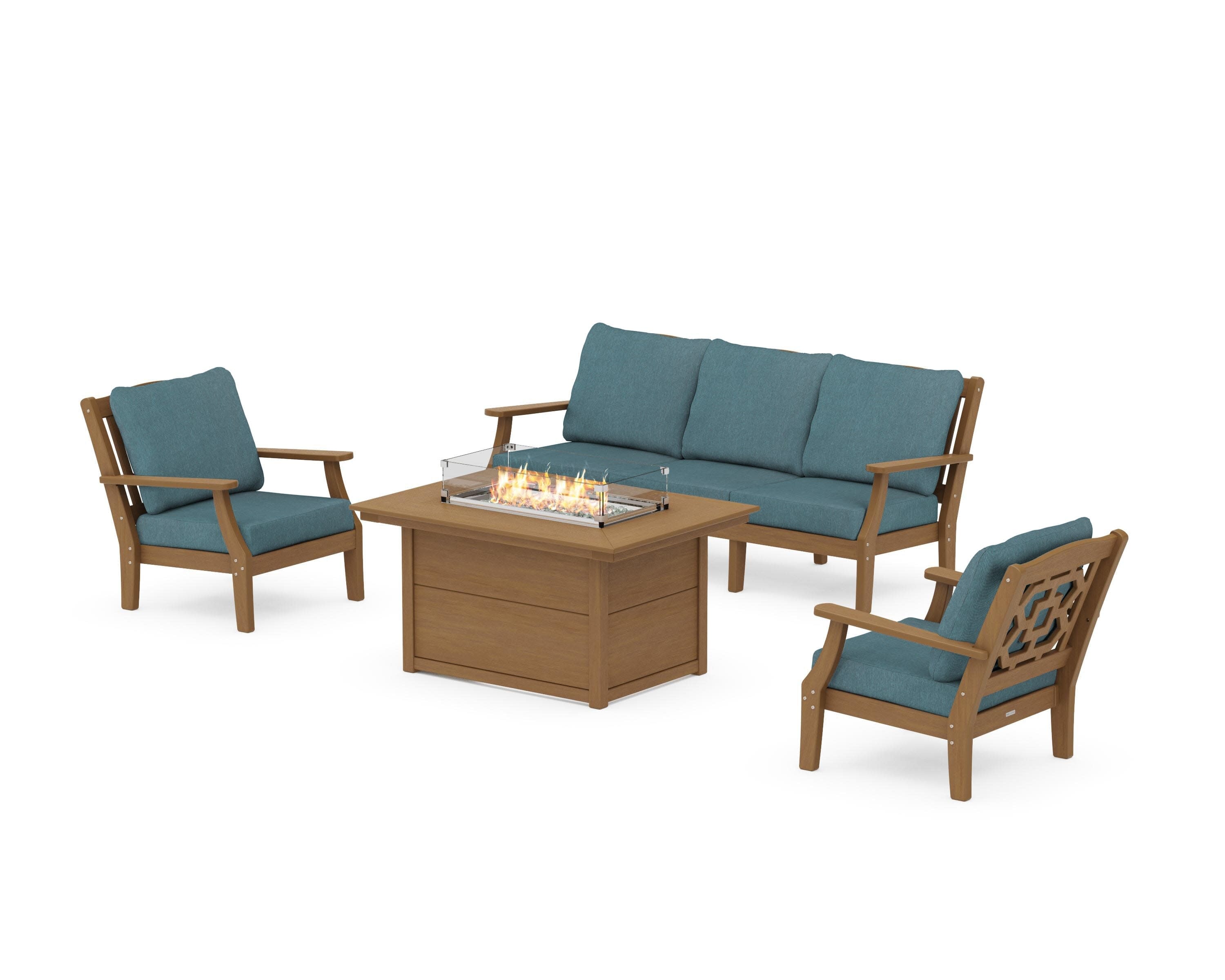 Chinoiserie Deep Seating Fire Pit Table Set in Natural / Ocean Teal