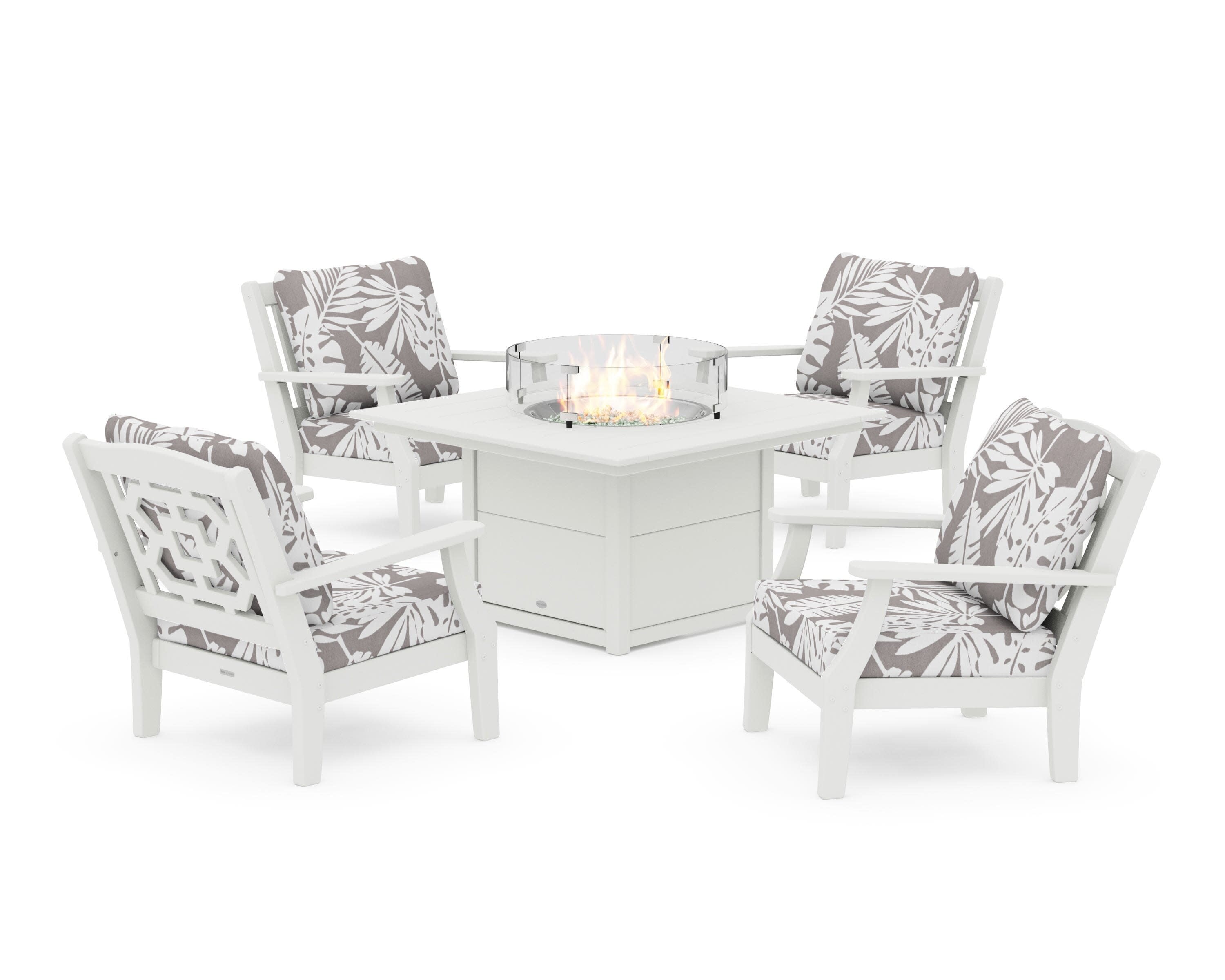 Chinoiserie 5-Piece Deep Seating Set with Fire Pit Table in Vintage White / Leaf Grey Mist