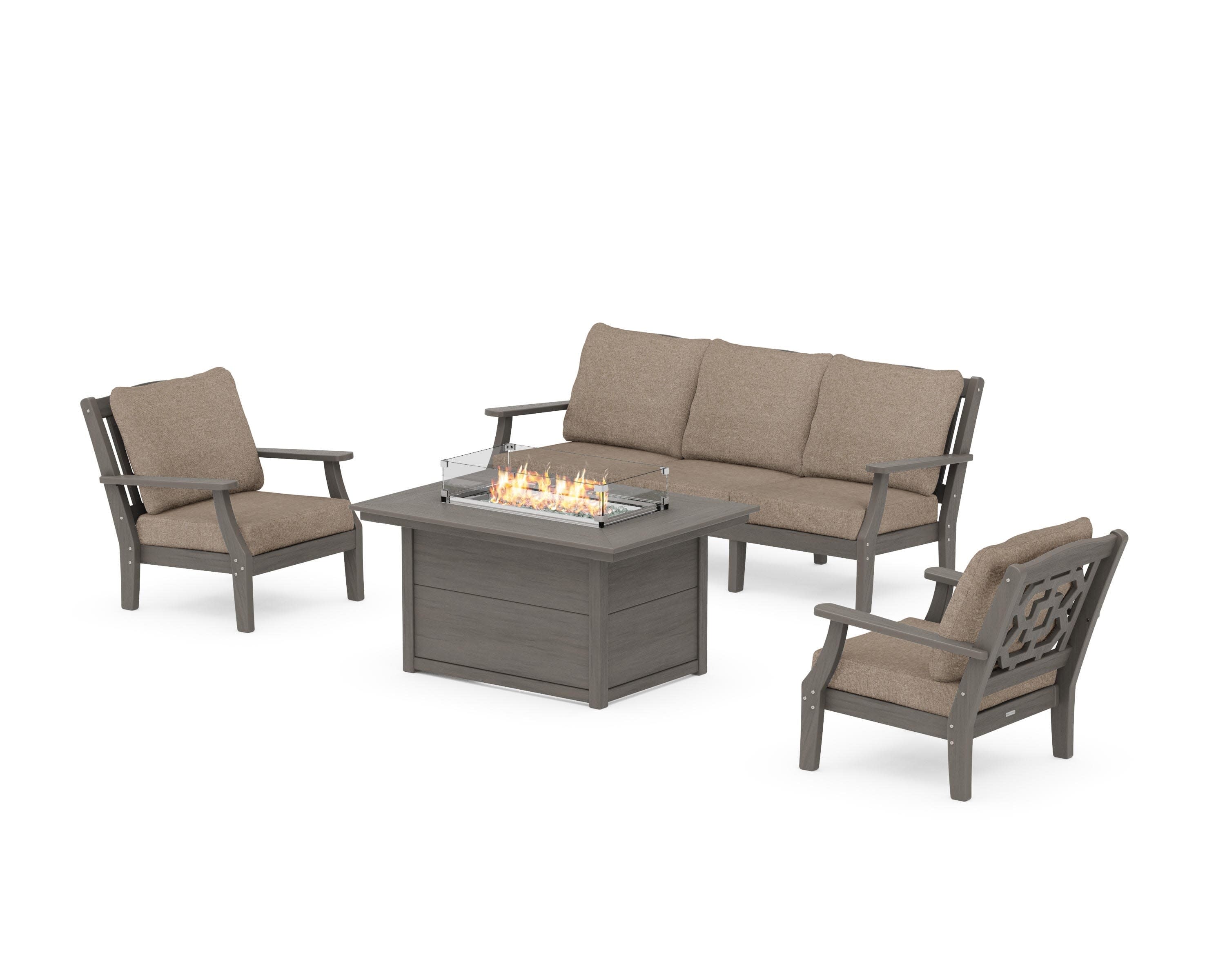 Chinoiserie Deep Seating Fire Pit Table Set in Driftwood / Spiced Burlap