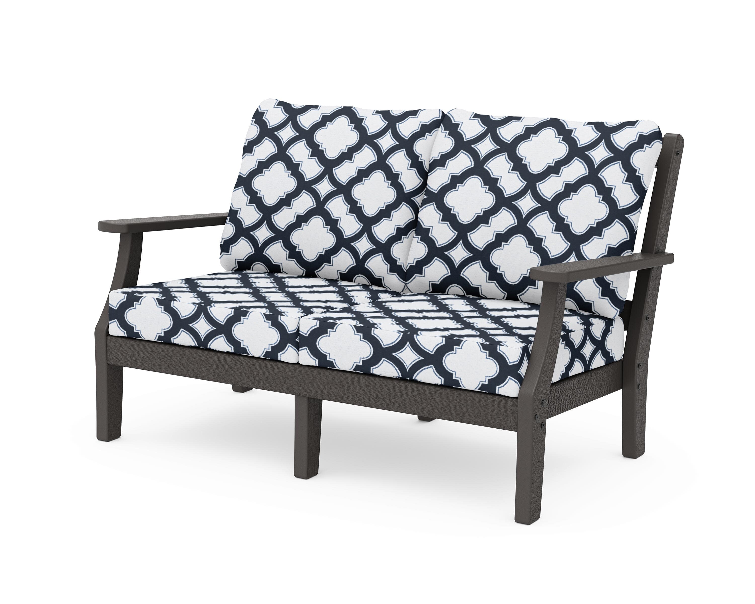 Chinoiserie Deep Seating Loveseat in Vintage Coffee / Trellis Marine Indigo