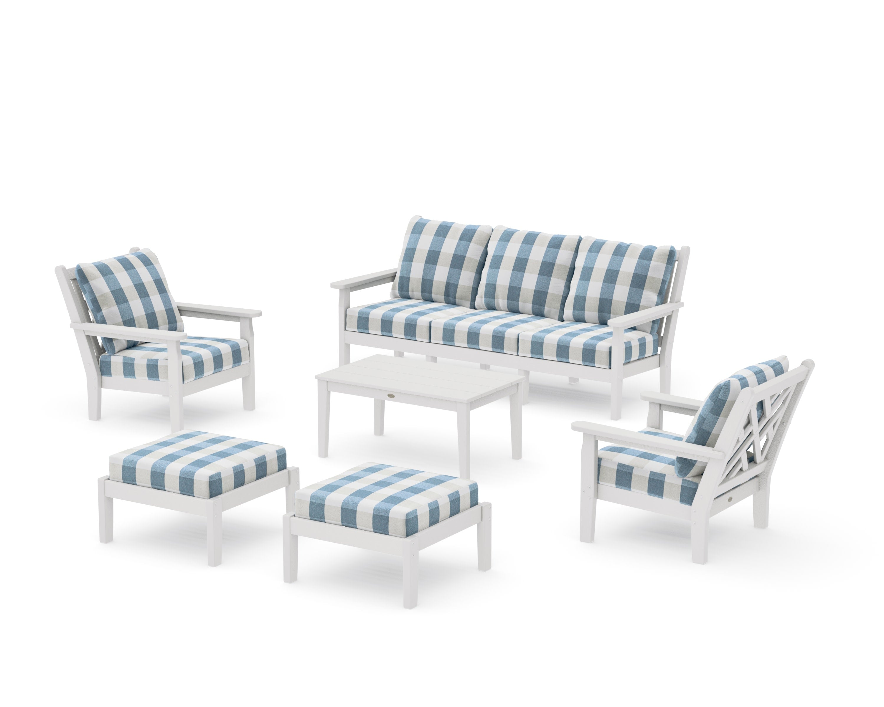 Chippendale 6-Piece Lounge Sofa Set in Vintage White / Buffalo Plaid Sky Blue