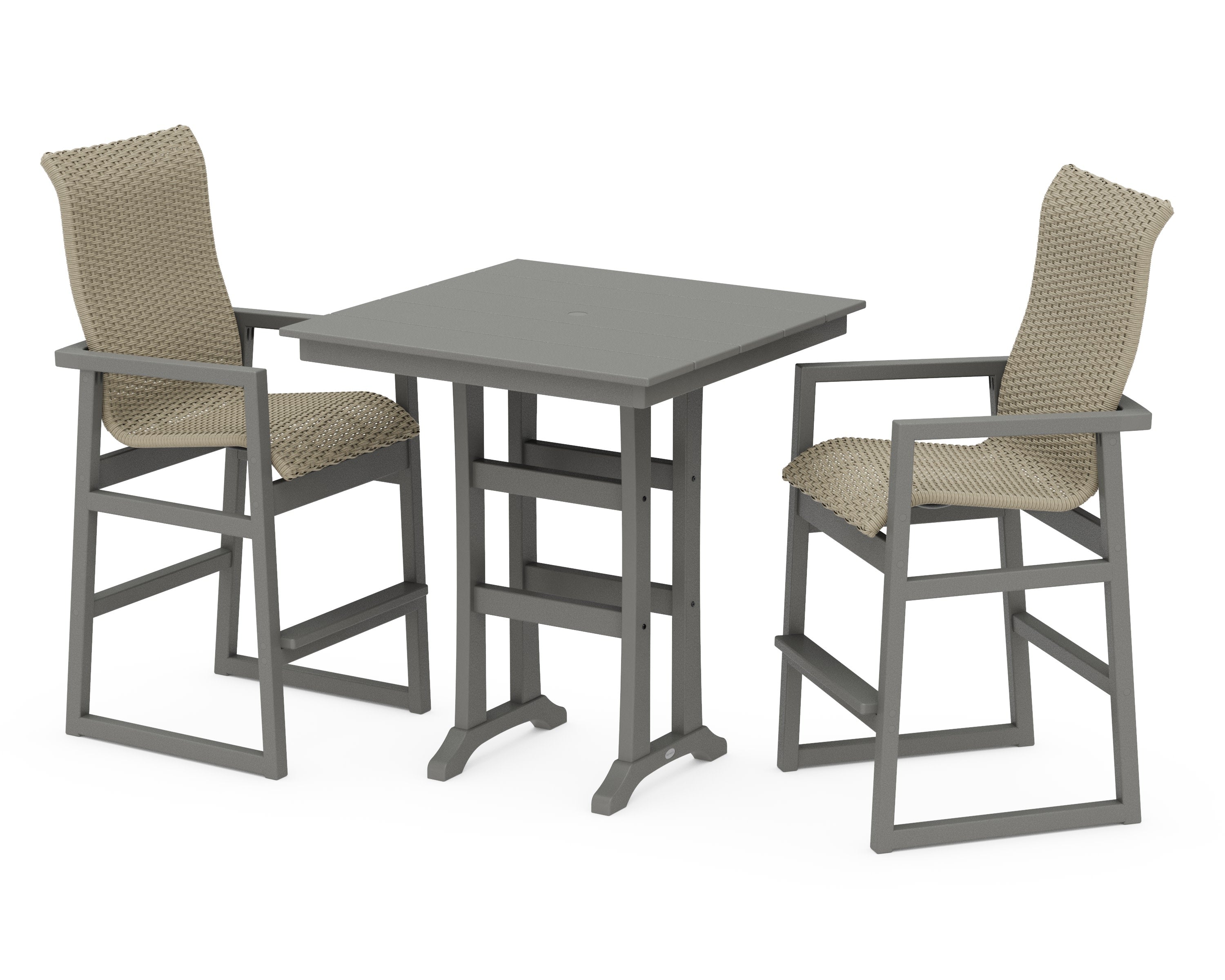 EDGE Woven Highback 3-Piece Farmhouse Bar Set with Trestle Legs in Slate Grey / Dune Grass