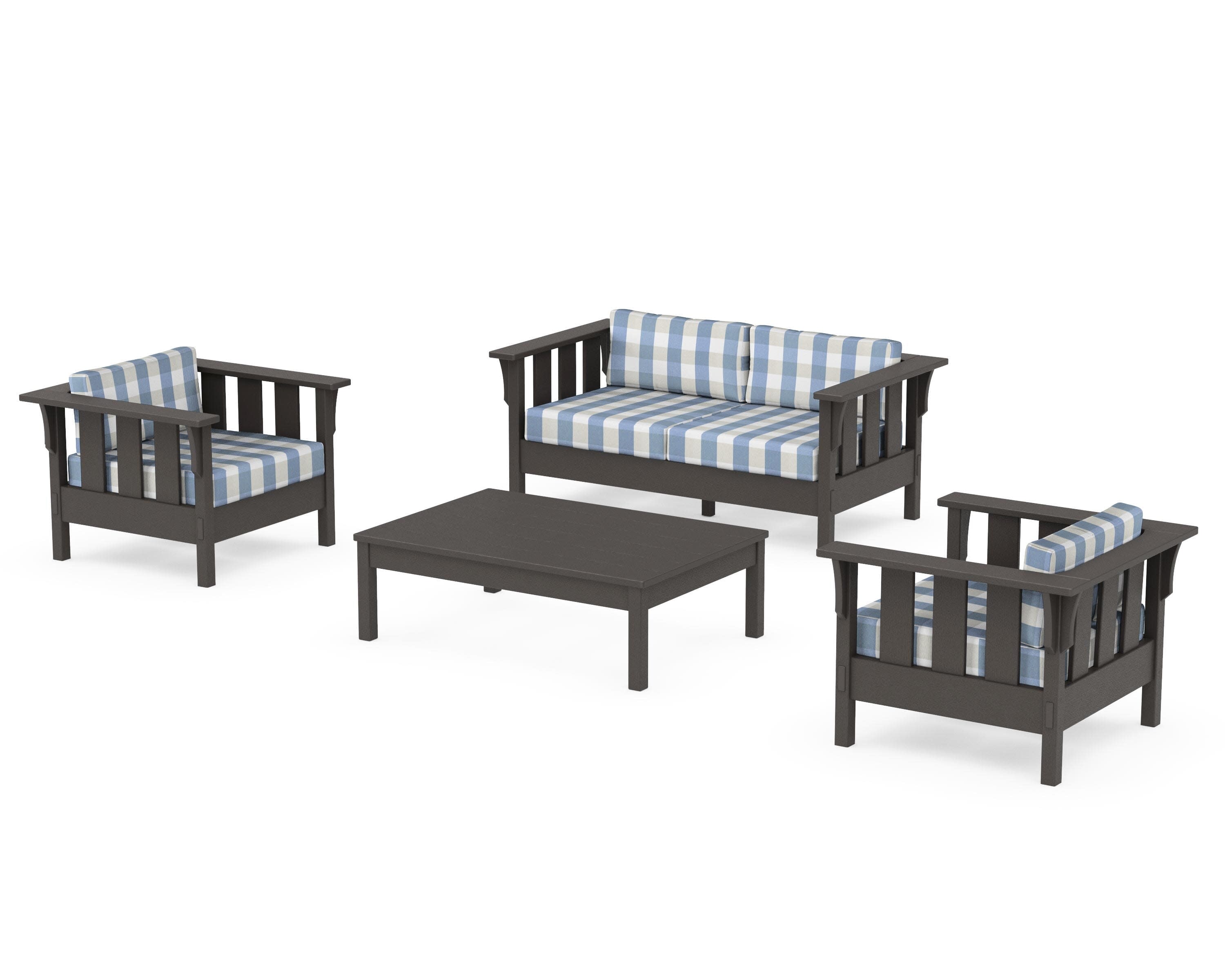Acadia 4-Piece Deep Seating Set with Loveseat in Vintage Coffee / Buffalo Plaid Sky Blue