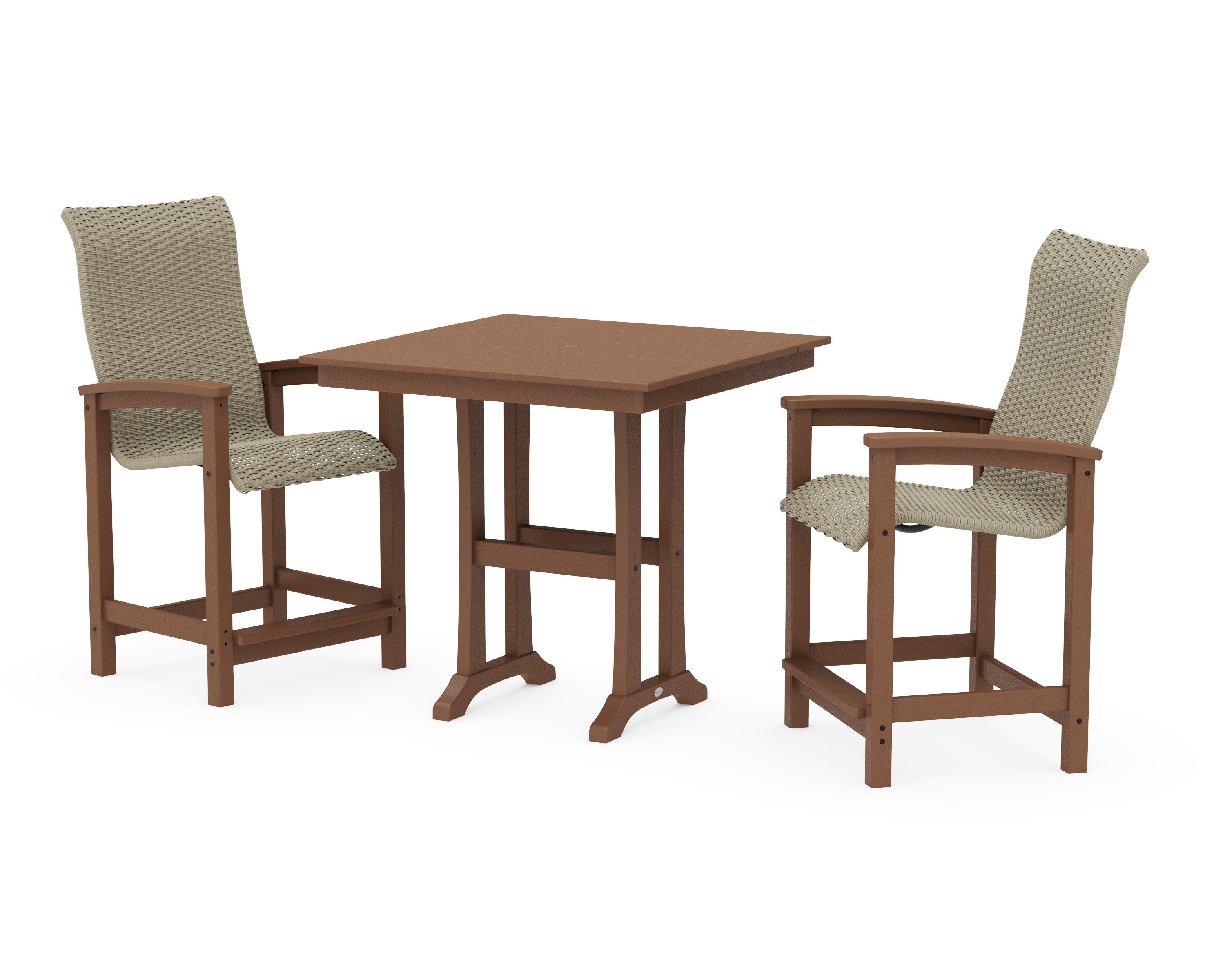 Coastal Woven High-Back 3-Piece Farmhouse Counter Set with Trestle Legs in Teak / Dune Grass