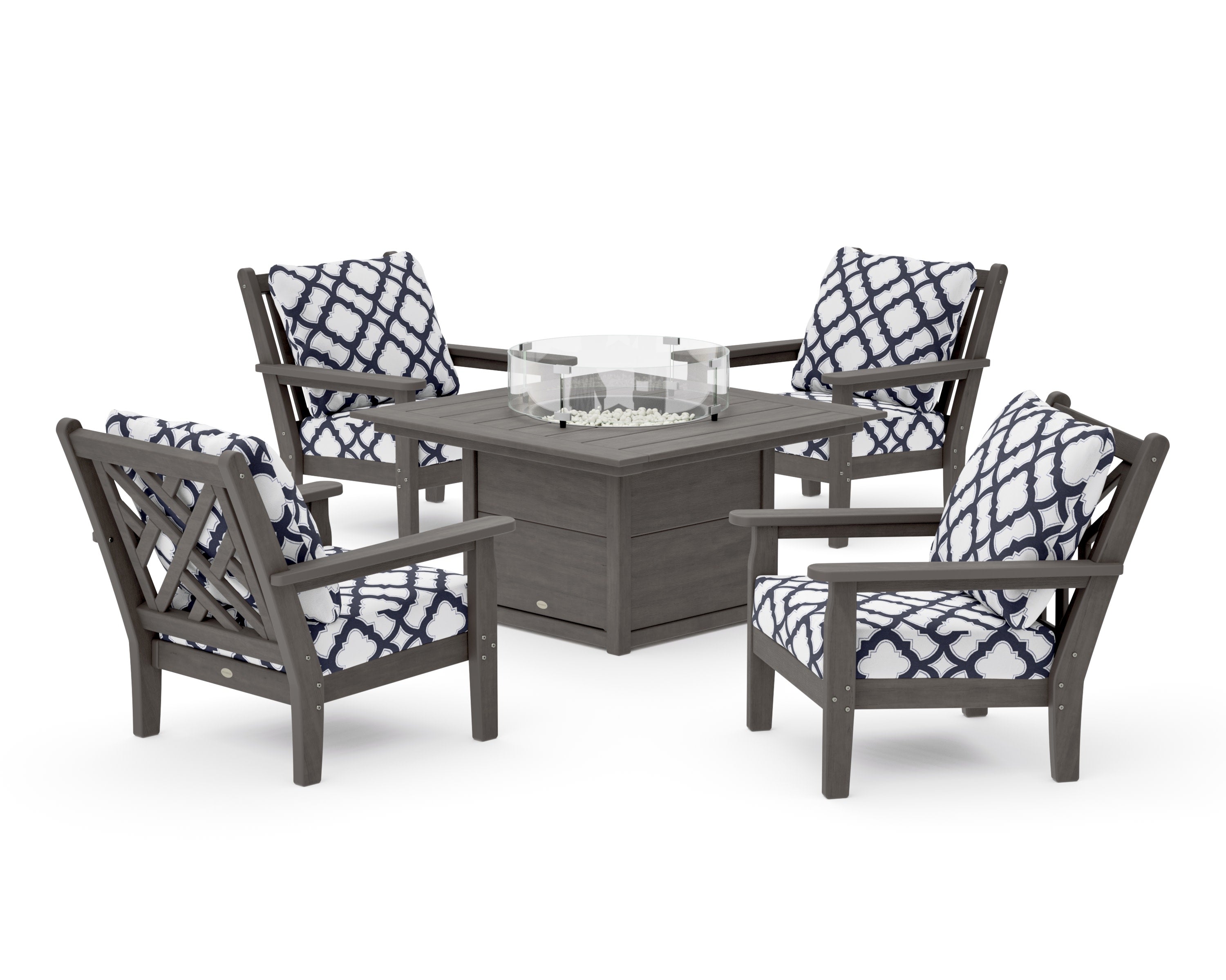 Chippendale 5-Piece Deep Seating Set with Fire Pit Table in Driftwood / Trellis Navy