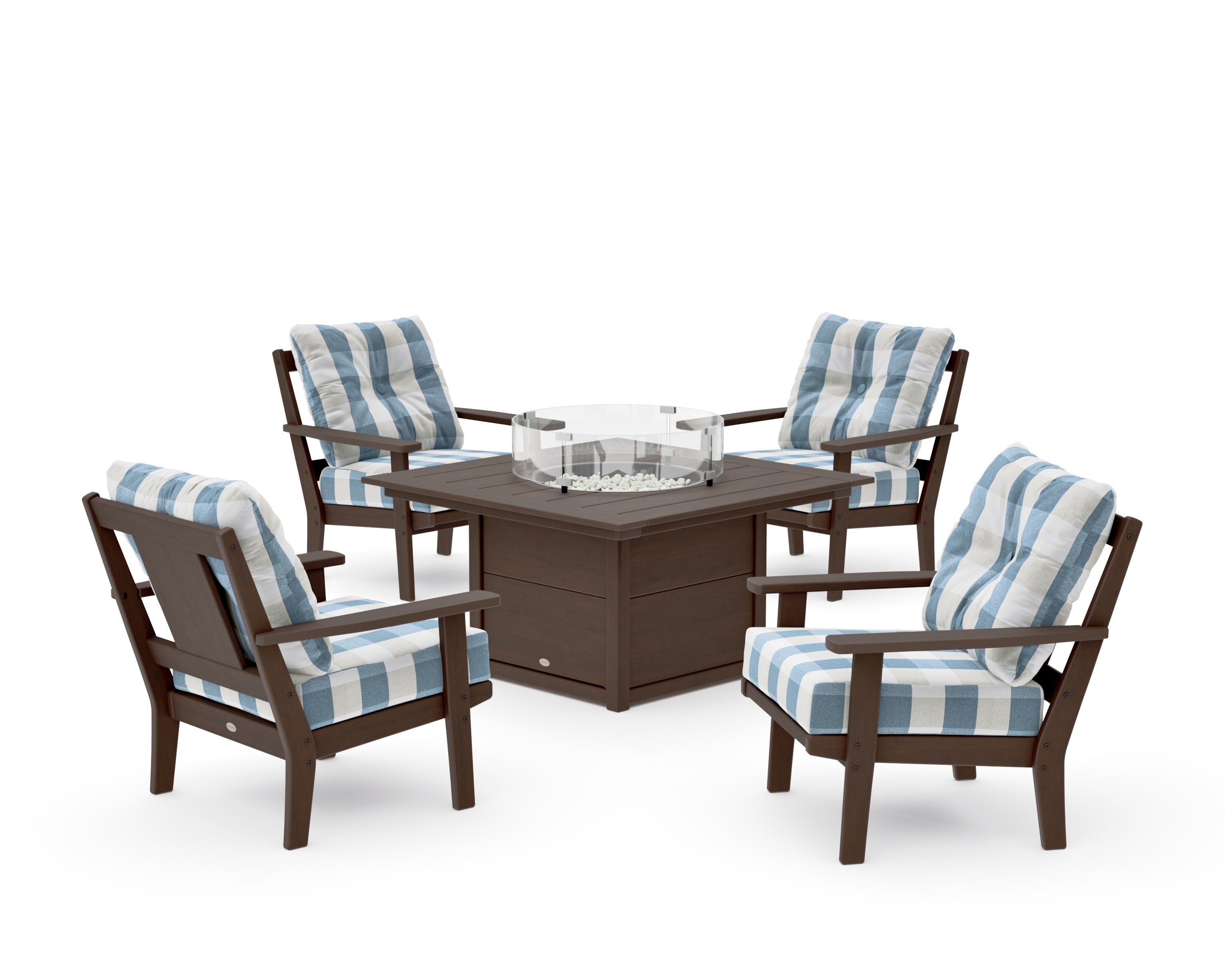Prairie 5-Piece Deep Seating Set with Fire Pit Table in Kona / Buffalo Plaid Sky Blue