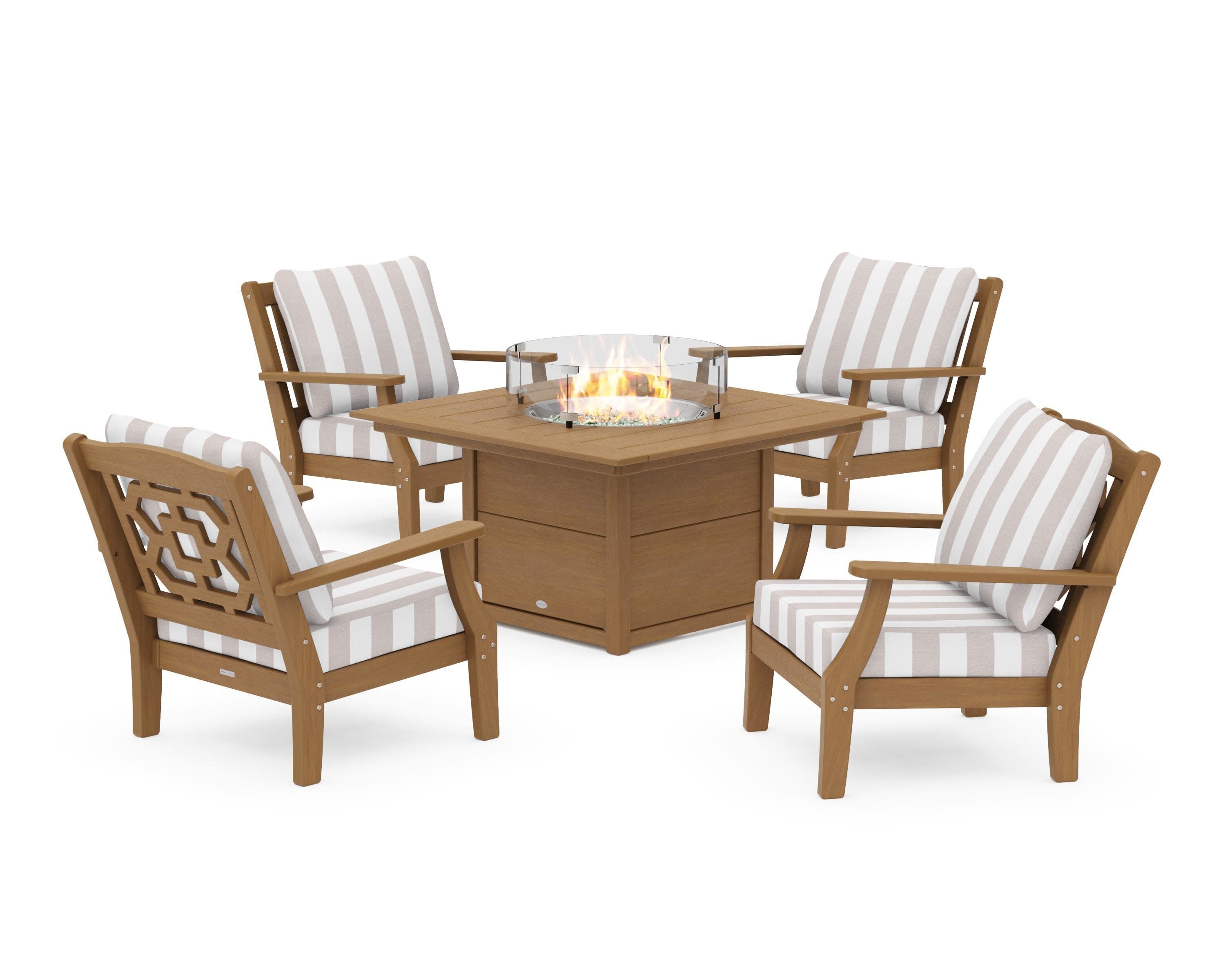 Chinoiserie 5-Piece Deep Seating Set with Fire Pit Table in Natural / Cabana Stripe Dune Burlap
