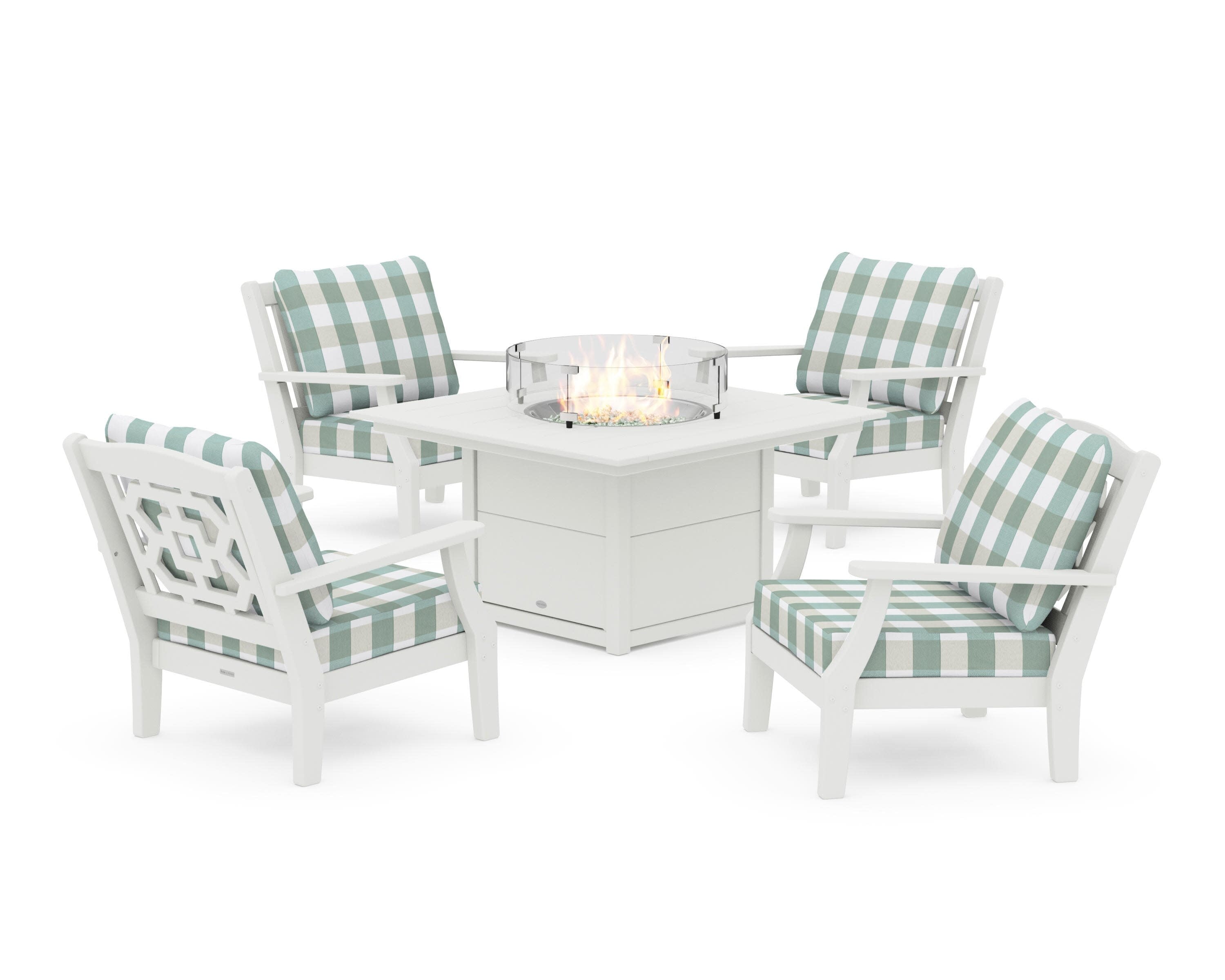 Chinoiserie 5-Piece Deep Seating Set with Fire Pit Table in Vintage White / Buffalo Plaid Glacier Spa