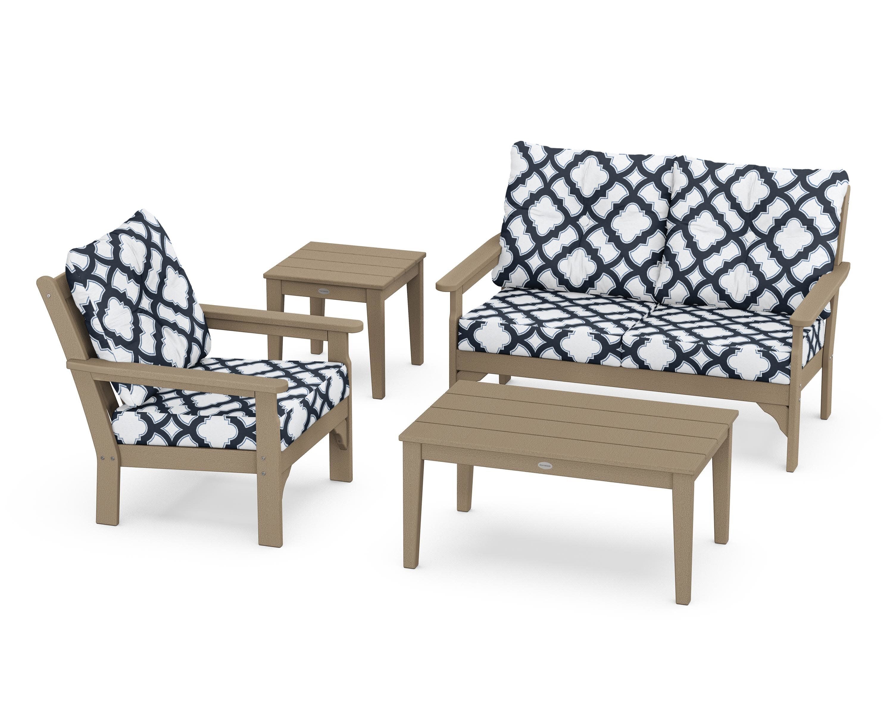 Vineyard 4-Piece Deep Seating Set in Vintage Sahara / Trellis Marine Indigo