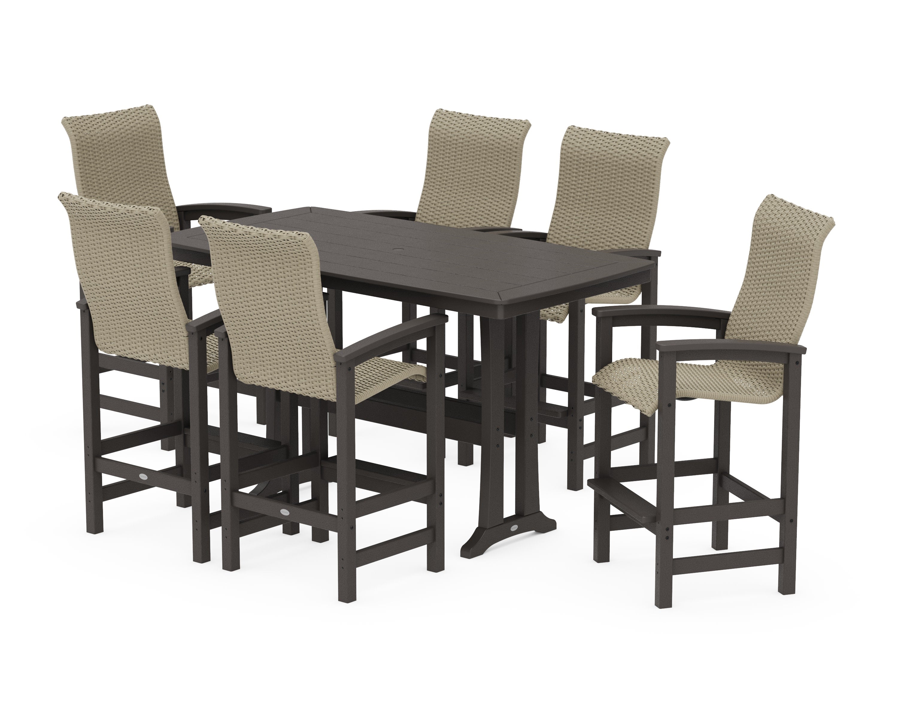 Coastal Woven High-Back Arm Chair 7-Piece Bar Set with Trestle Legs in Vintage Coffee / Dune Grass