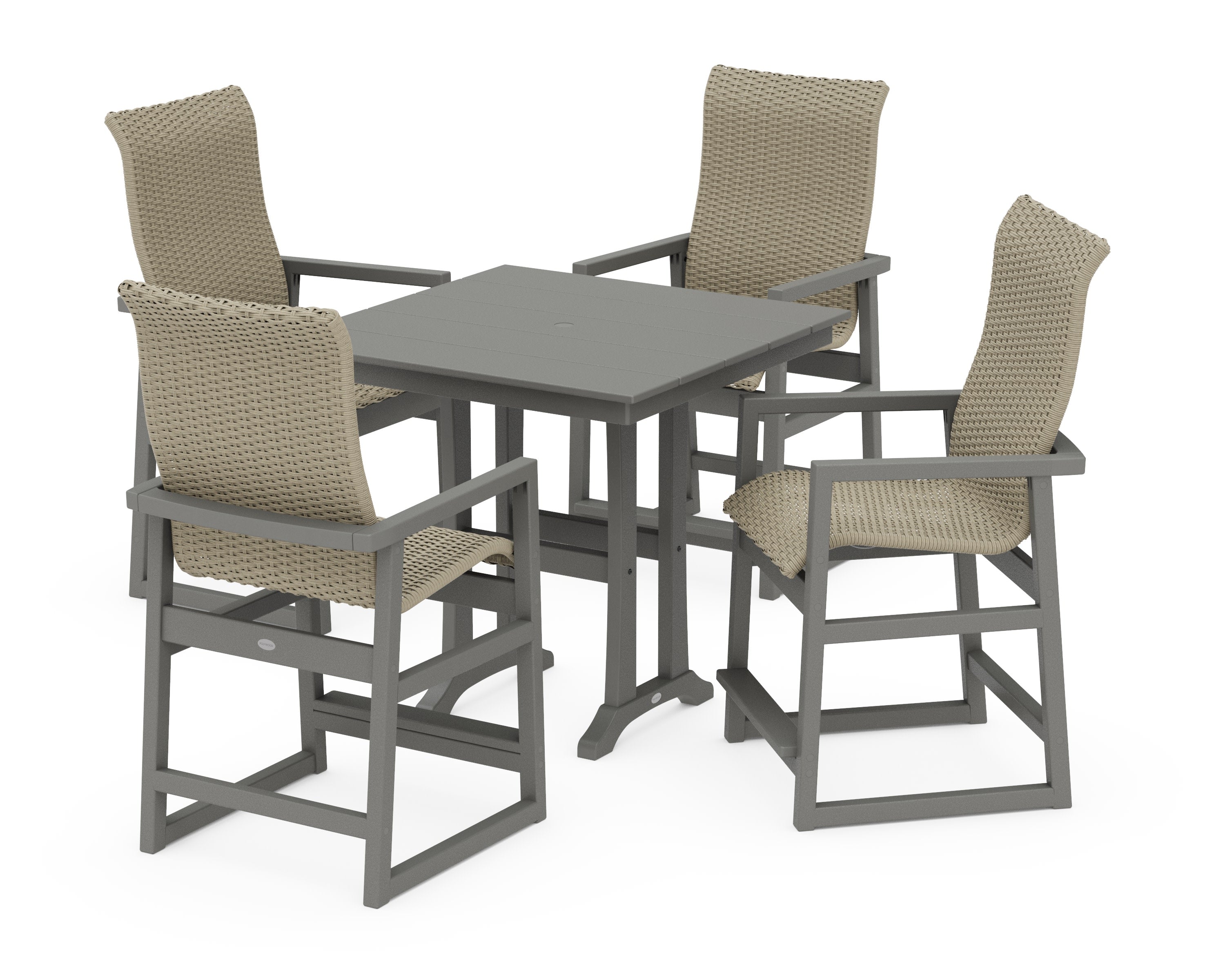 EDGE Woven Highback 5-Piece Farmhouse Counter Set with Trestle Legs in Slate Grey / Dune Grass