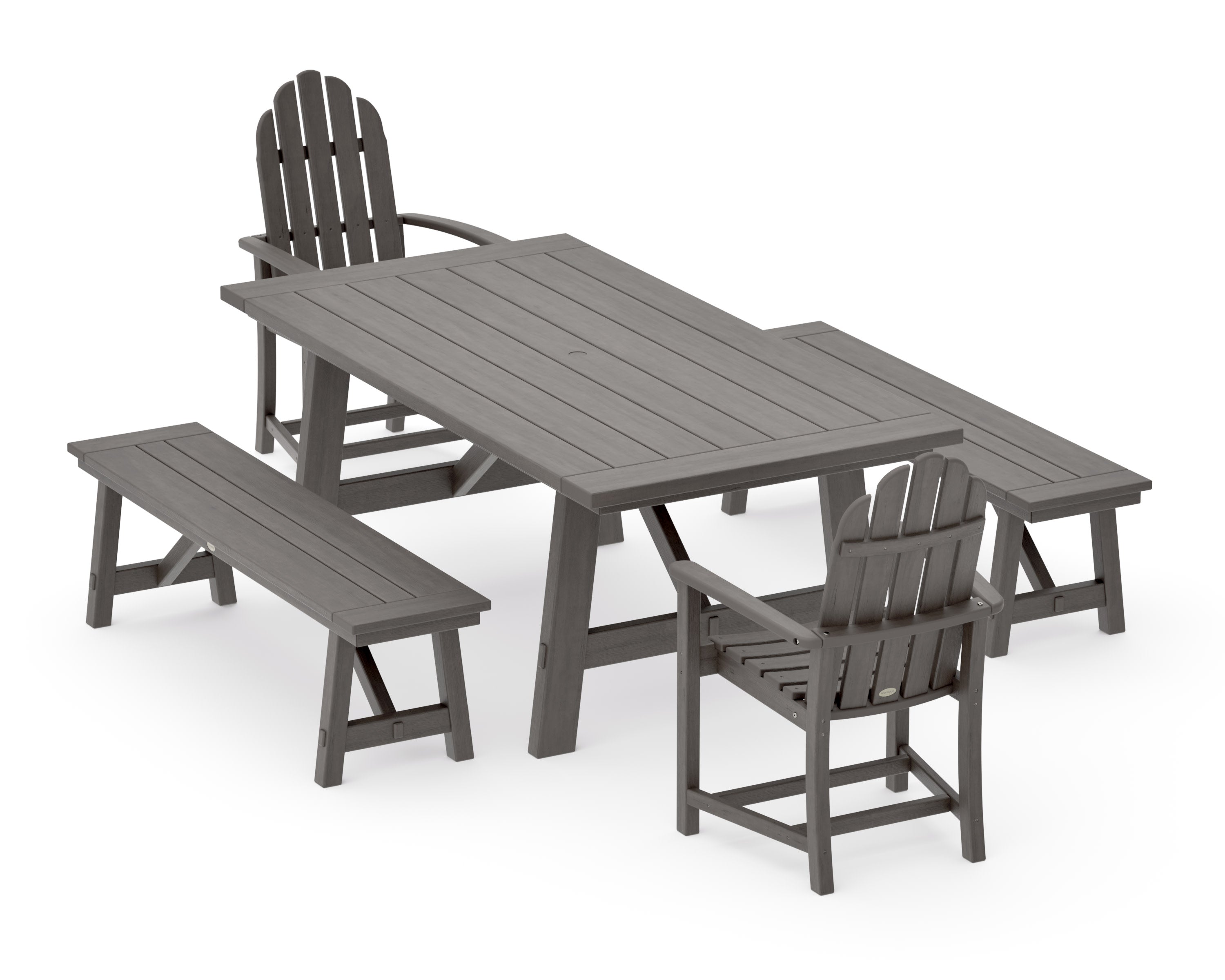 Classic Adirondack 5-Piece Rustic Farmhouse Dining Set With Benches in Driftwood