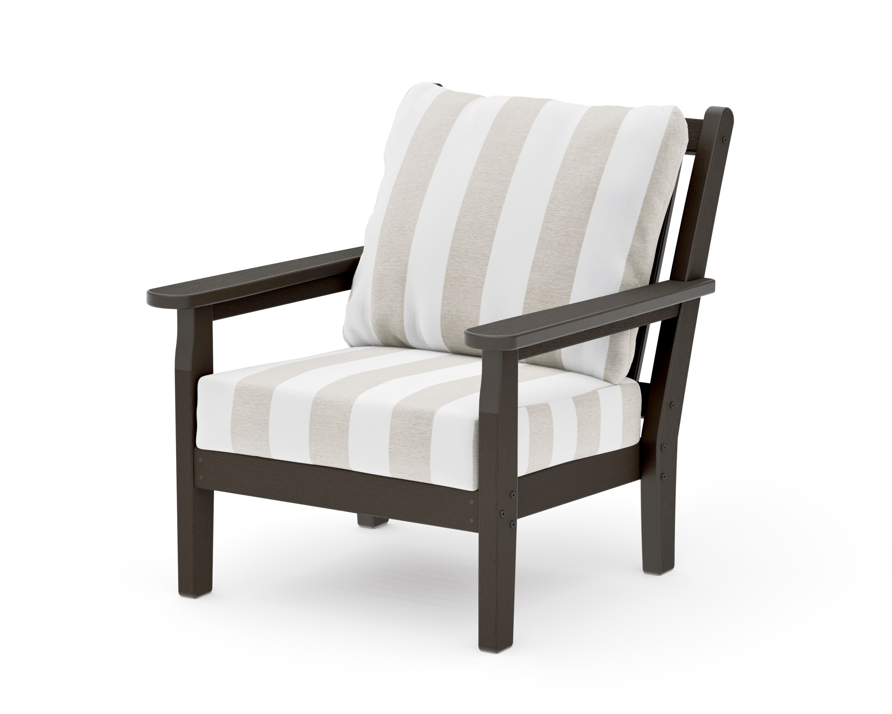 Chippendale Deep Seating Chair in Vintage Coffee / Cabana Stripe Dune Burlap