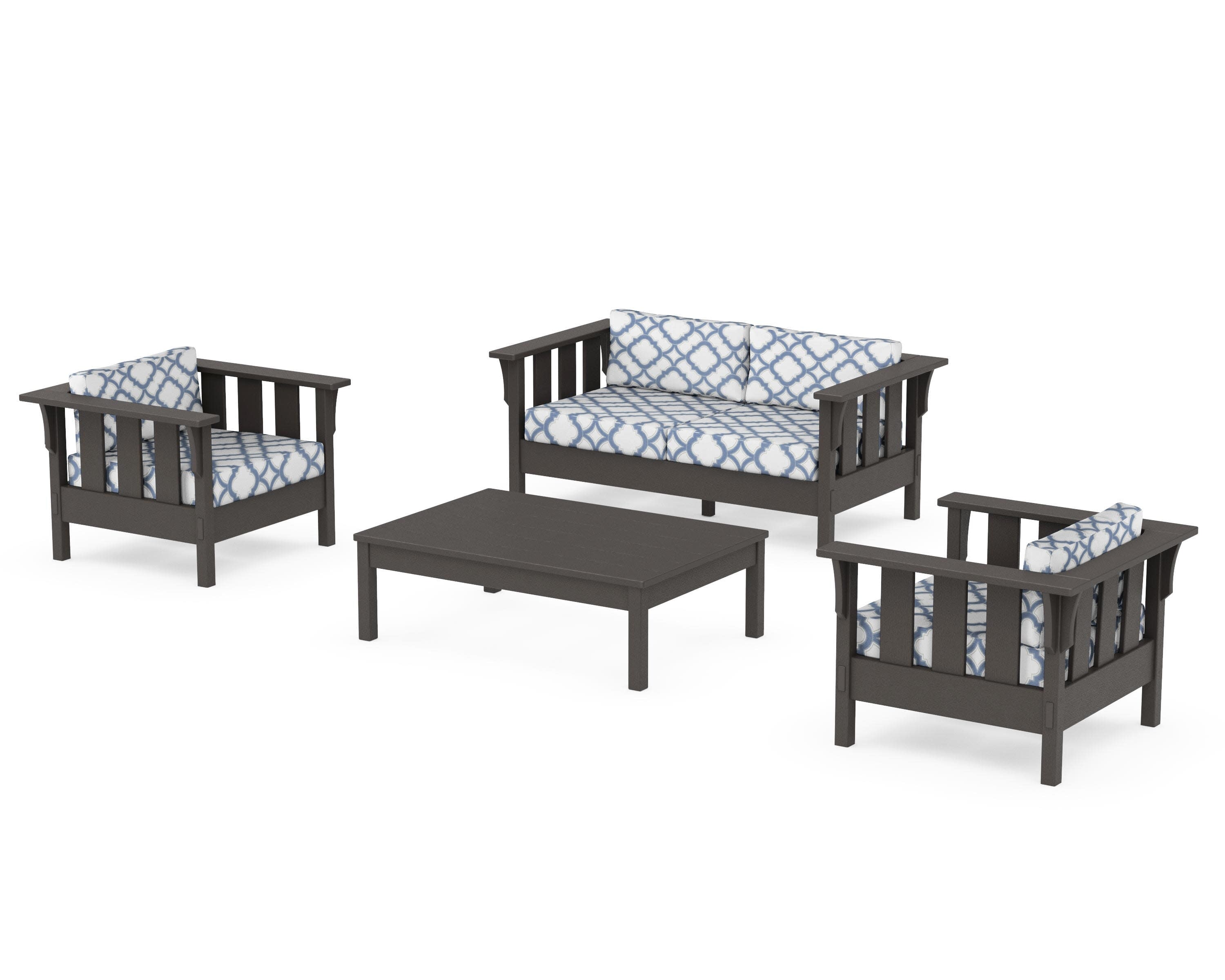 Acadia 4-Piece Deep Seating Set with Loveseat in Vintage Coffee / Trellis Sky Blue