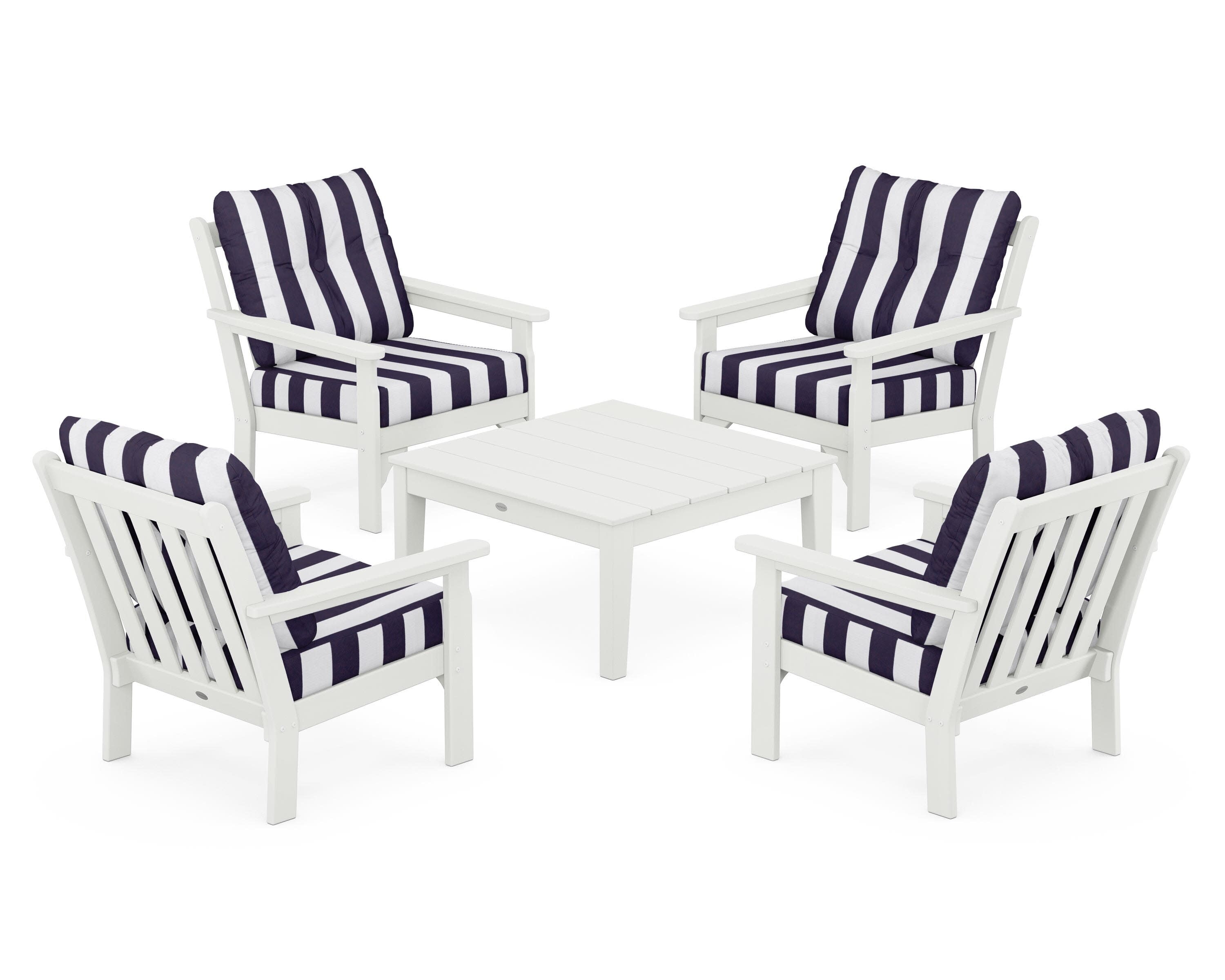 Vineyard 5-Piece Deep Seating Conversation Set in Vintage White / Cabana Stripe Navy