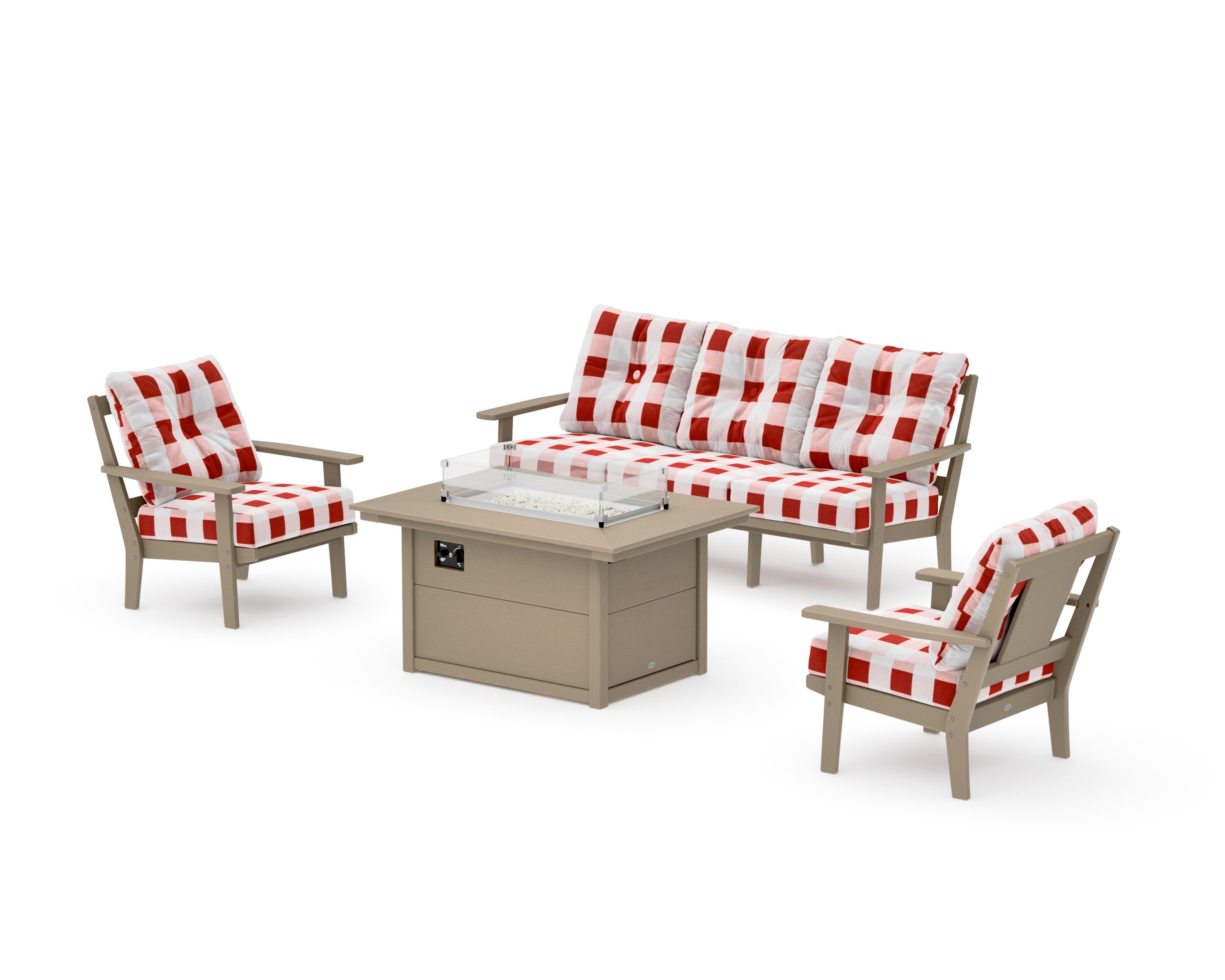 Prairie Deep Seating Fire Pit Table Set in Vintage Sahara / Buffalo Plaid Crimson