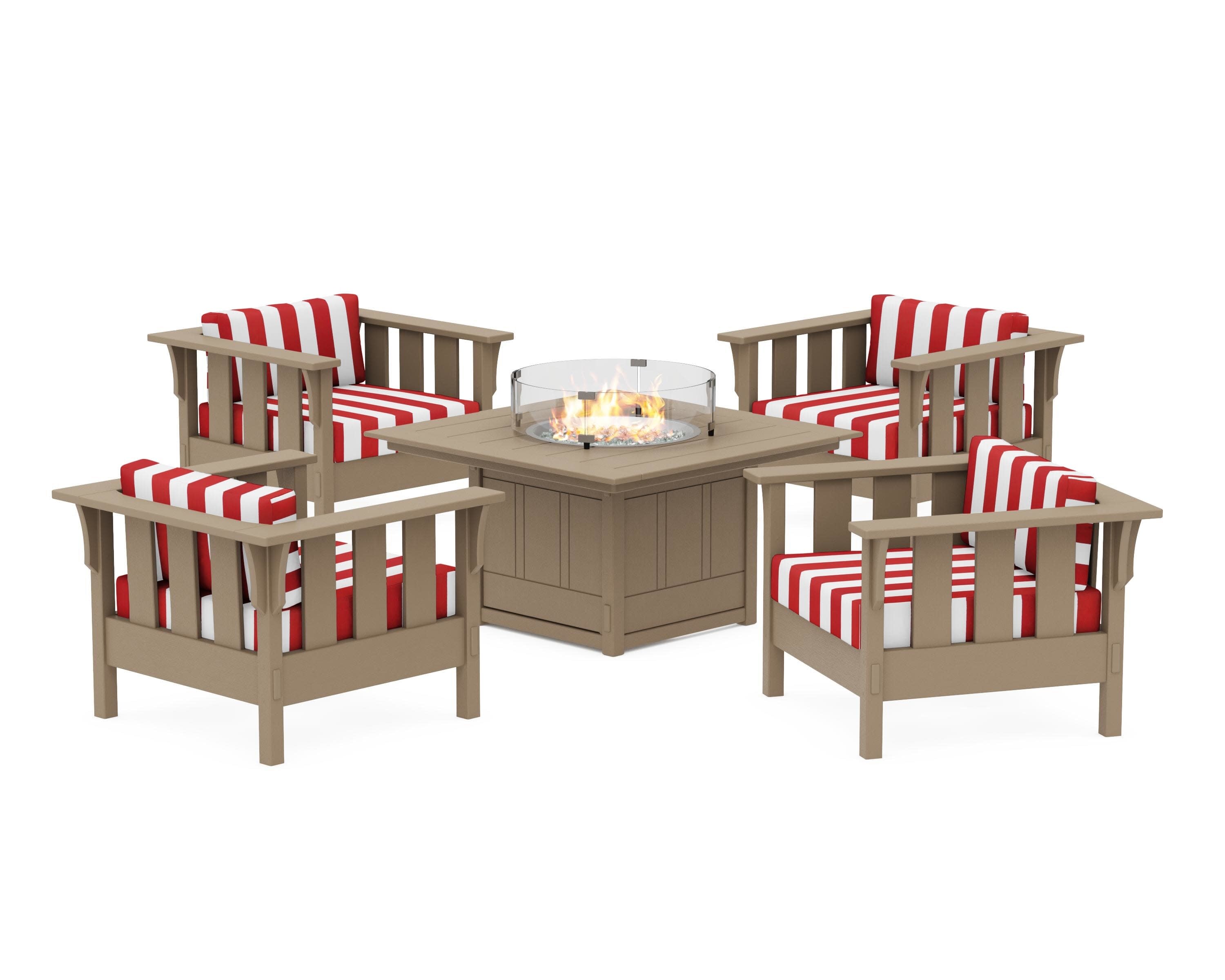 Acadia 5-Piece Deep Seating Set with Fire Pit Table in Vintage Sahara / Cabana Stripe Crimson