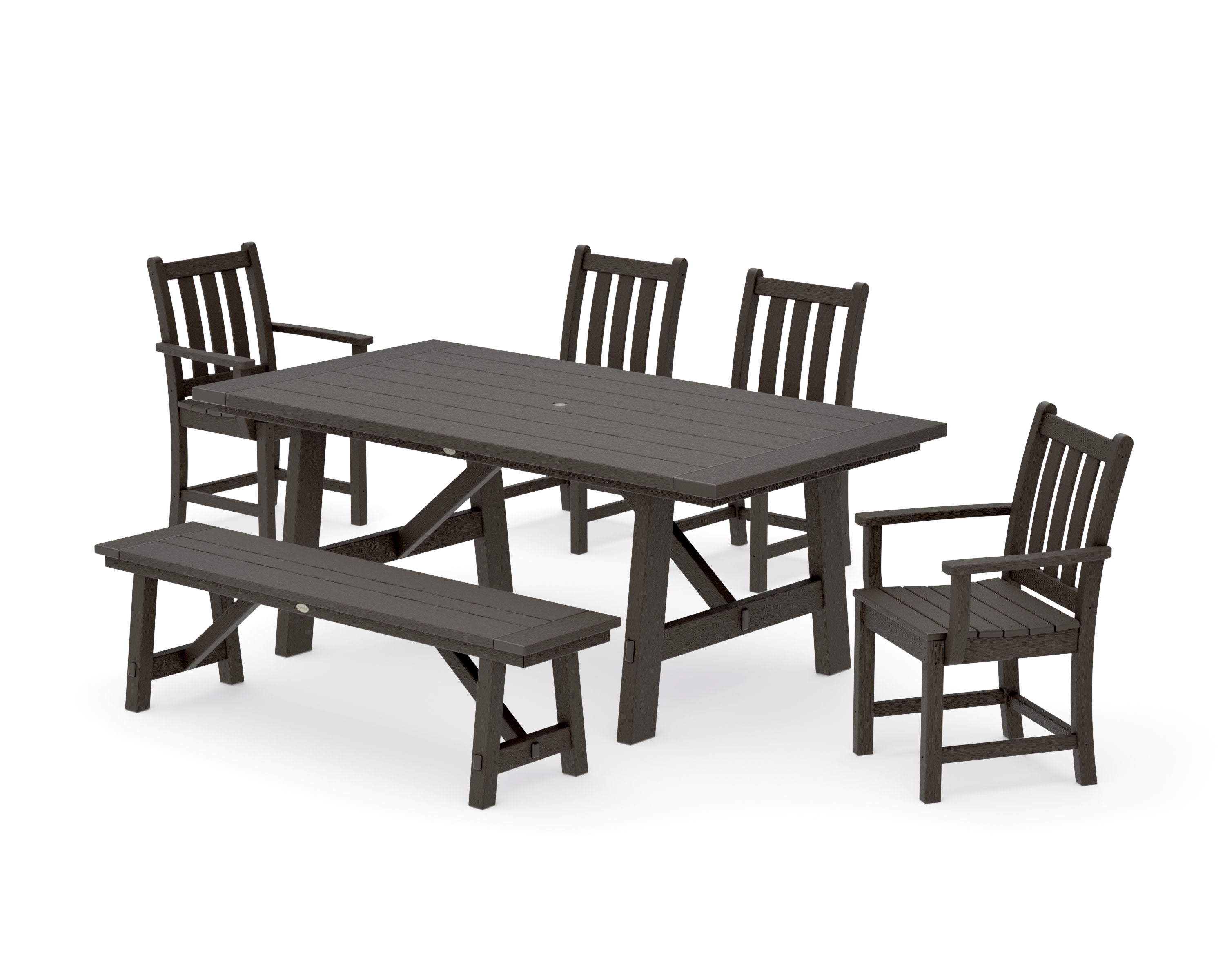 Traditional Garden 6-Piece Rustic Farmhouse Dining Set With Bench in Vintage Coffee