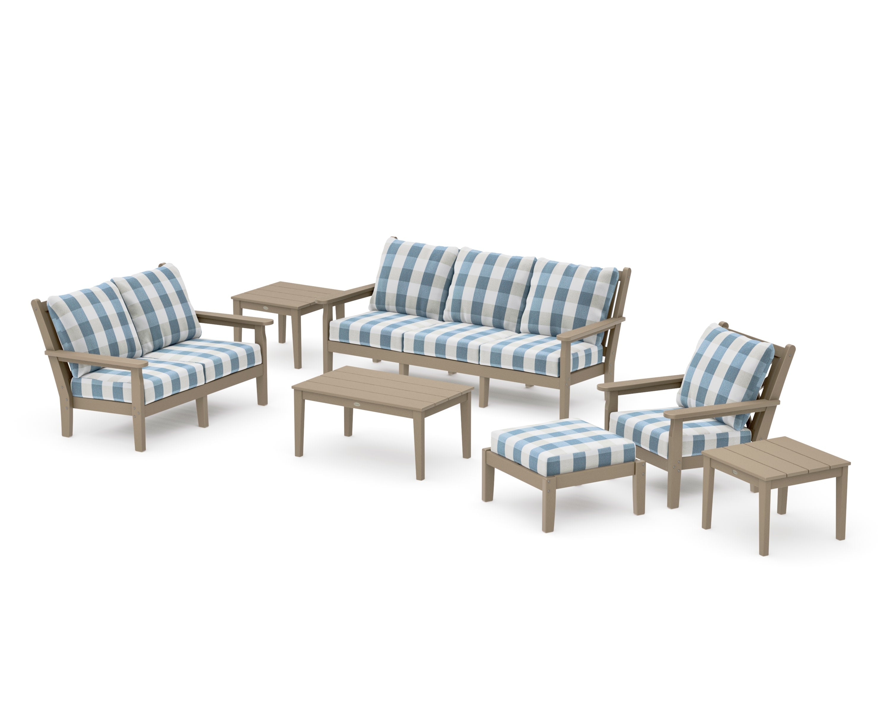 Chippendale 7-Piece Deep Seating Set in Vintage Sahara / Buffalo Plaid Sky Blue