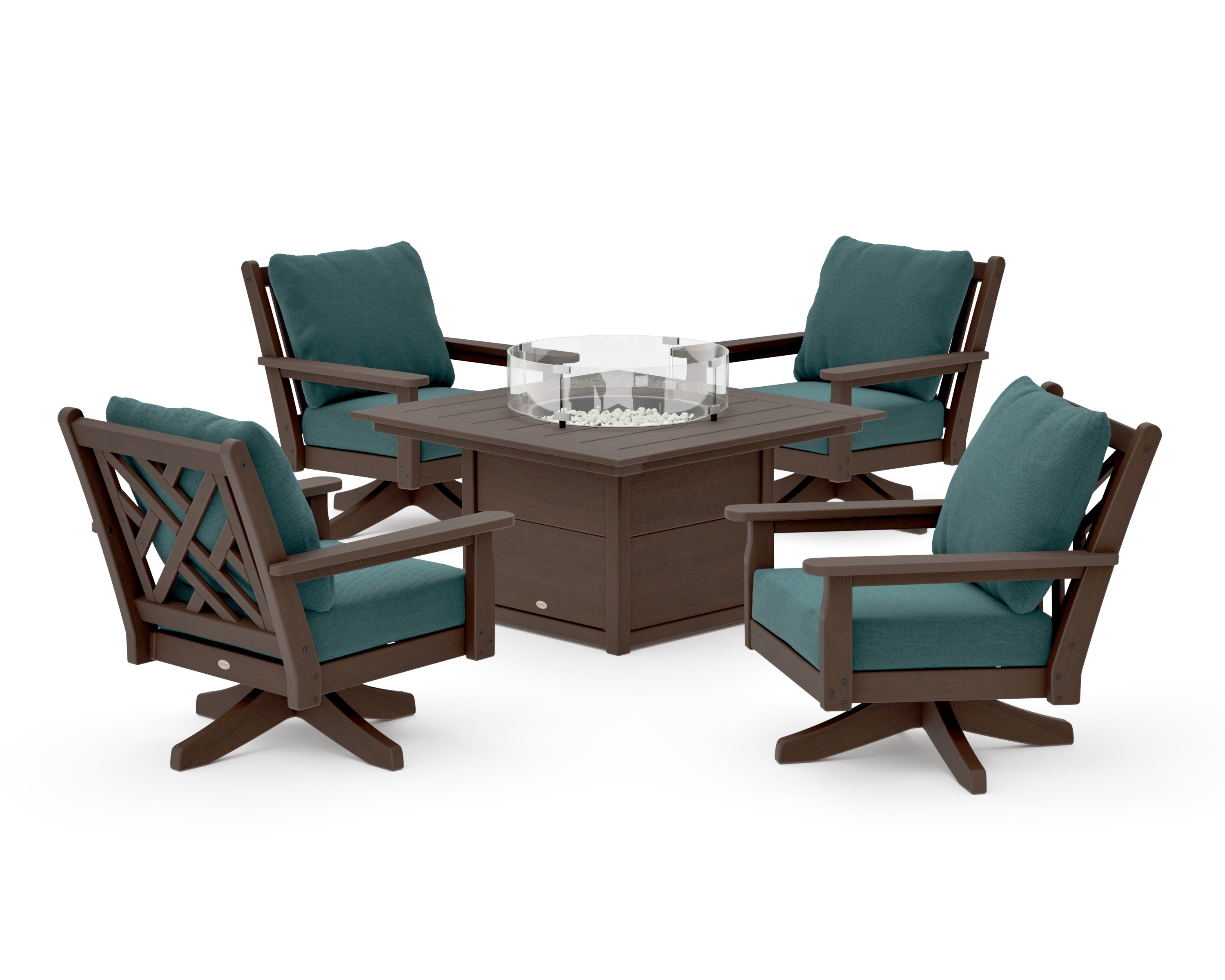 Chippendale 5-Piece Deep Seating Swivel Conversation Set with Fire Pit Table in Kona / Ocean Teal