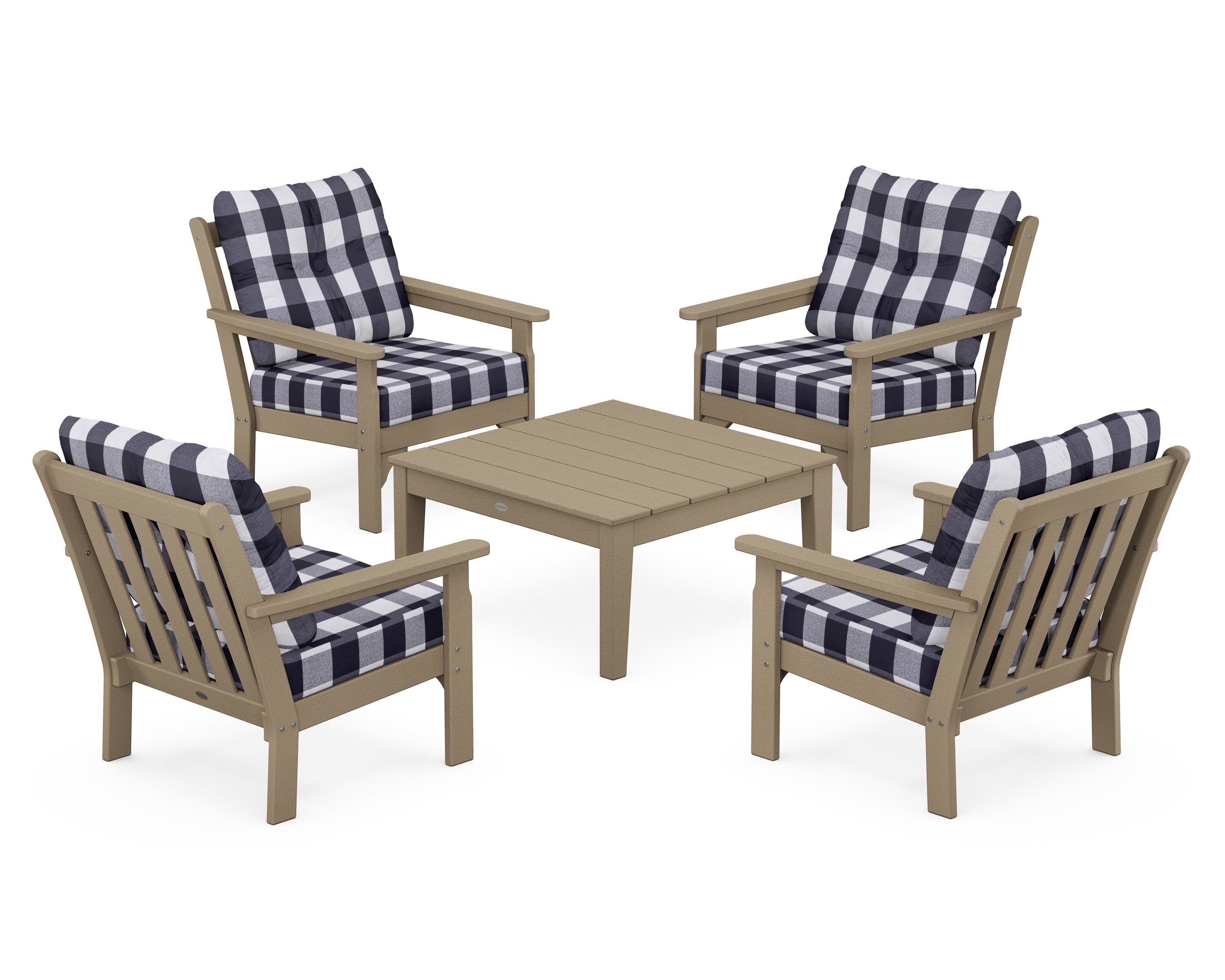 Vineyard 5-Piece Deep Seating Conversation Set in Vintage Sahara / Buffalo Plaid Navy