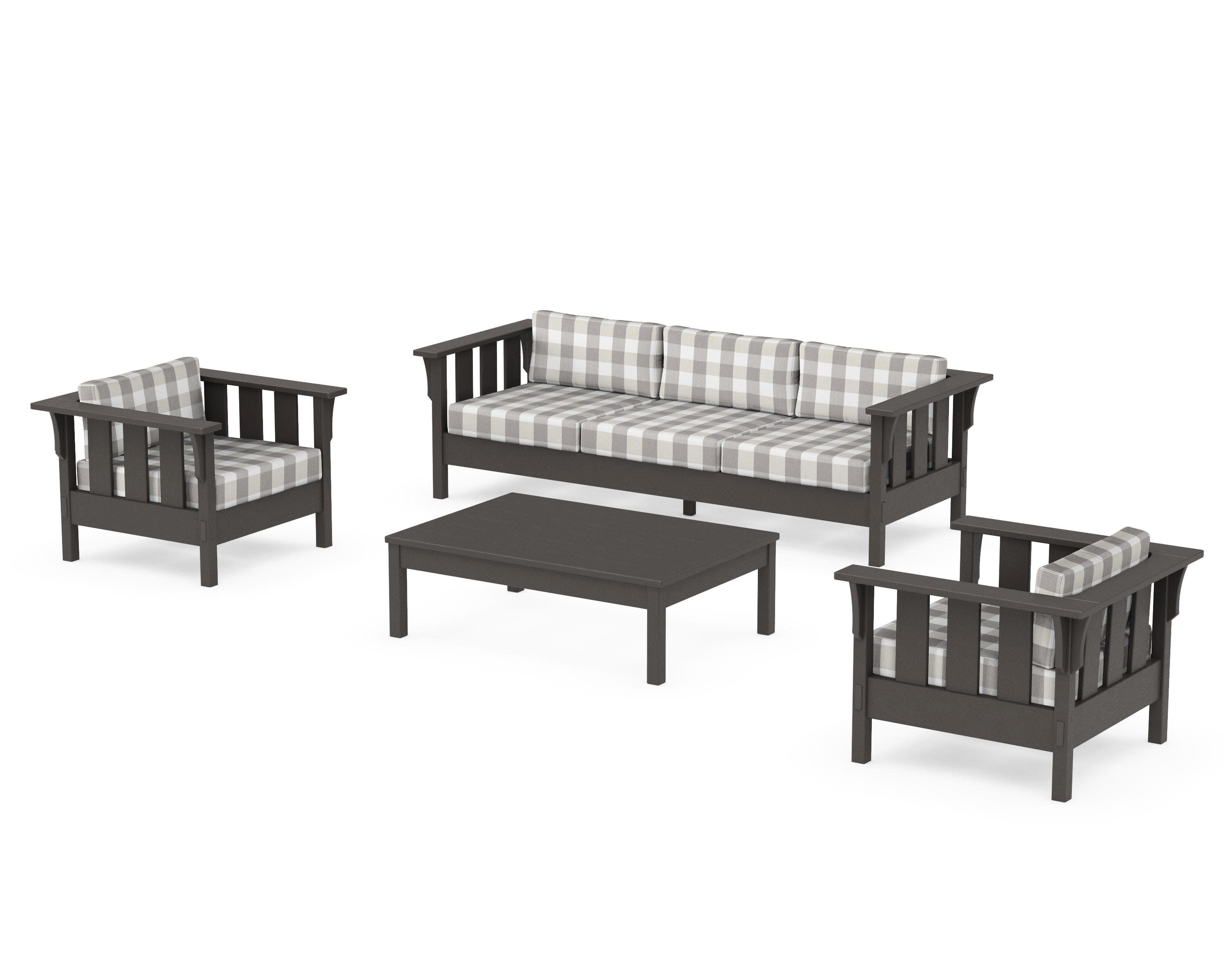 Acadia 4-Piece Deep Seating Set with Sofa in Vintage Coffee / Buffalo Plaid Grey Mist
