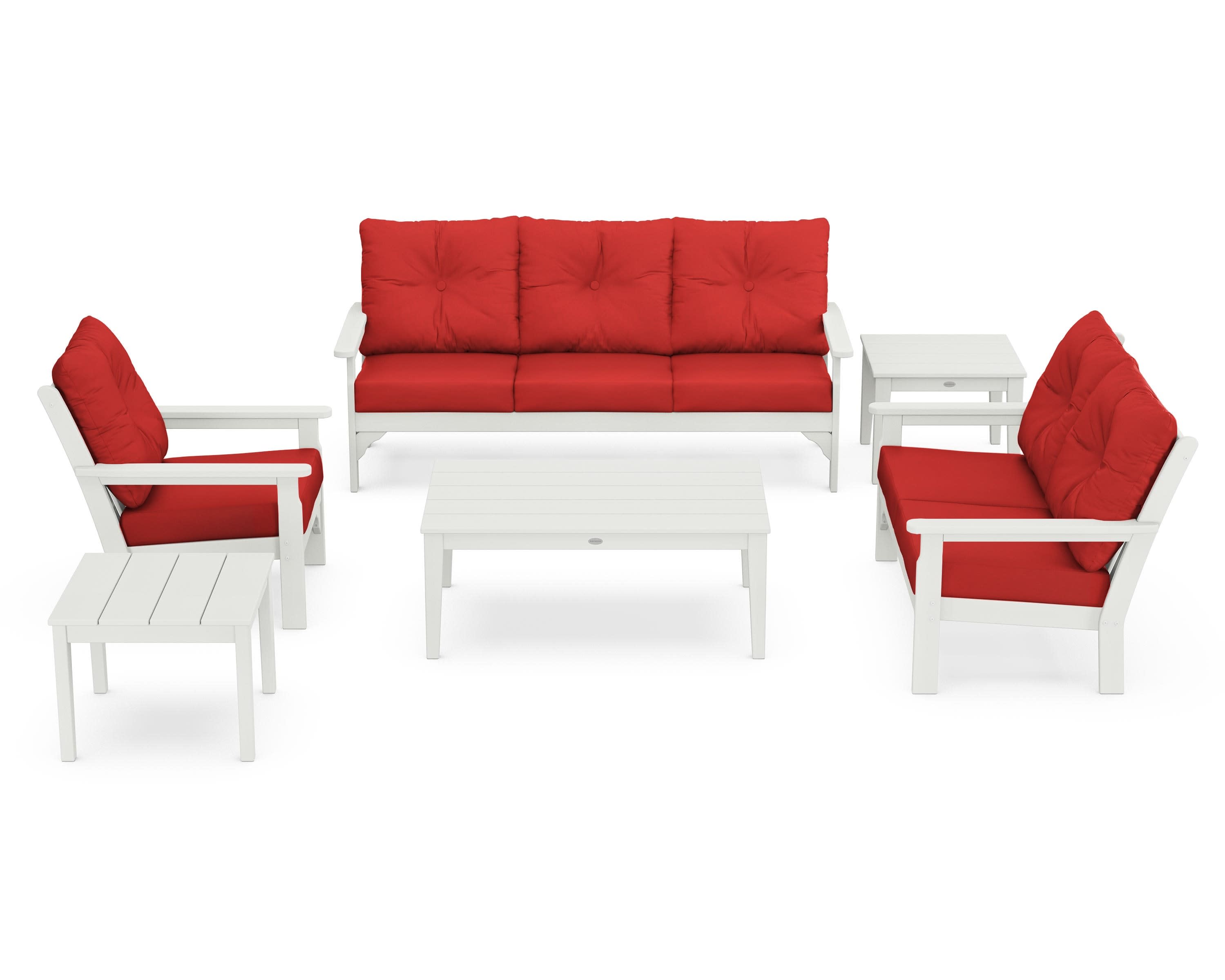 Vineyard 6-Piece Deep Seating Set in Vintage White / Crimson Linen
