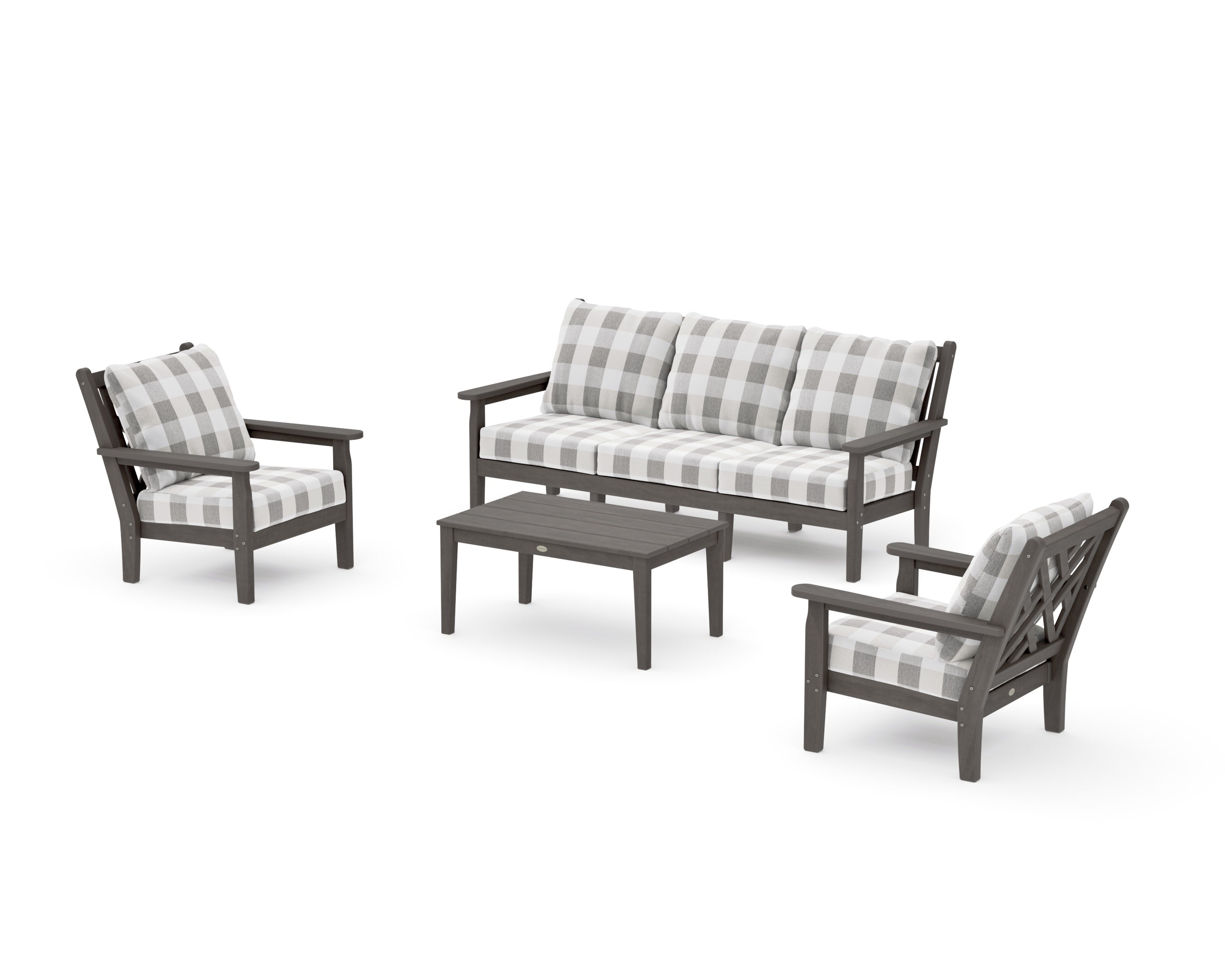 Chippendale 4-Piece Deep Seating Set with Sofa in Driftwood / Buffalo Plaid Grey Mist