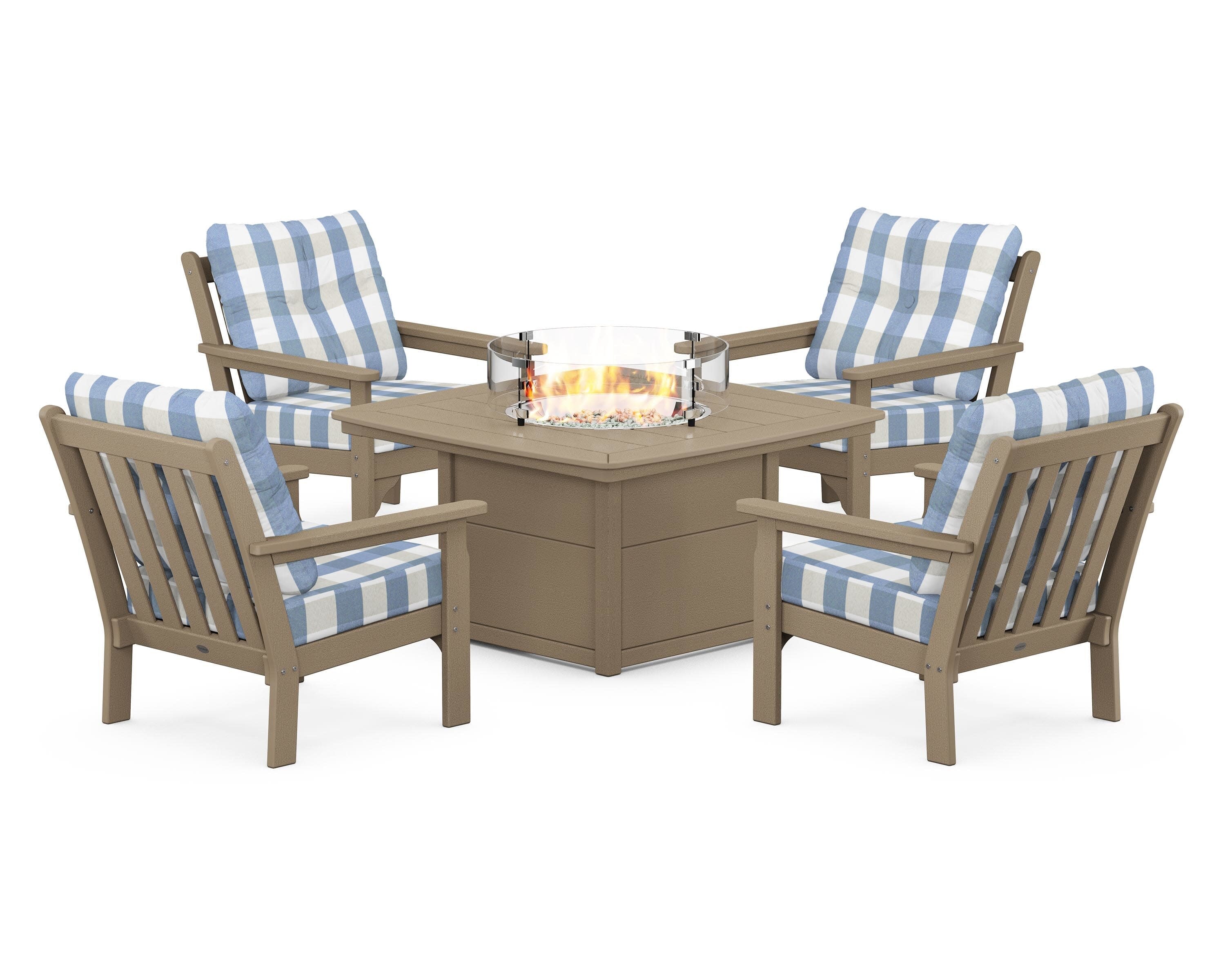 Vineyard 5-Piece Conversation Set with Fire Pit Table in Vintage Sahara / Buffalo Plaid Sky Blue
