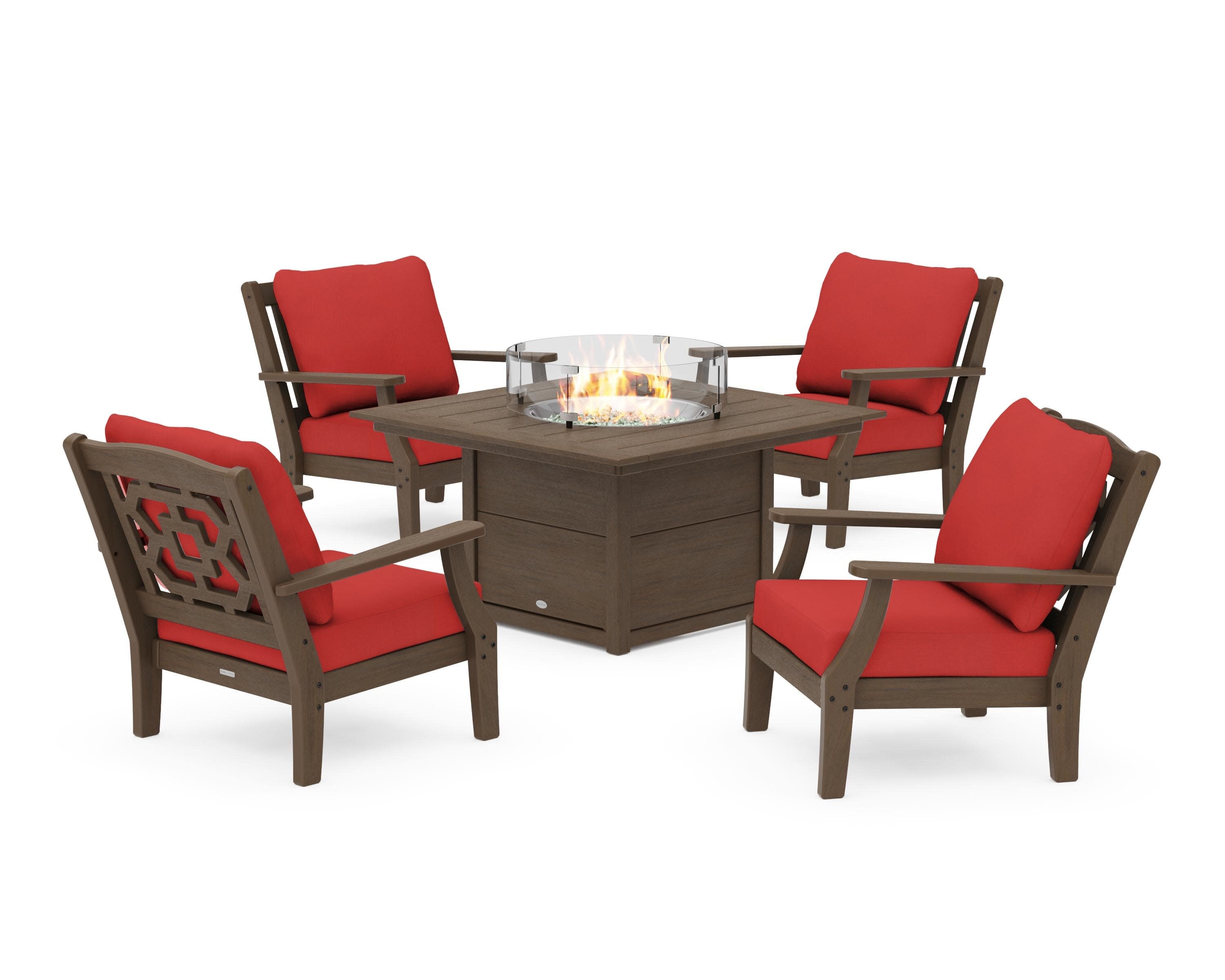 Chinoiserie 5-Piece Deep Seating Set with Fire Pit Table in Kona / Crimson Linen