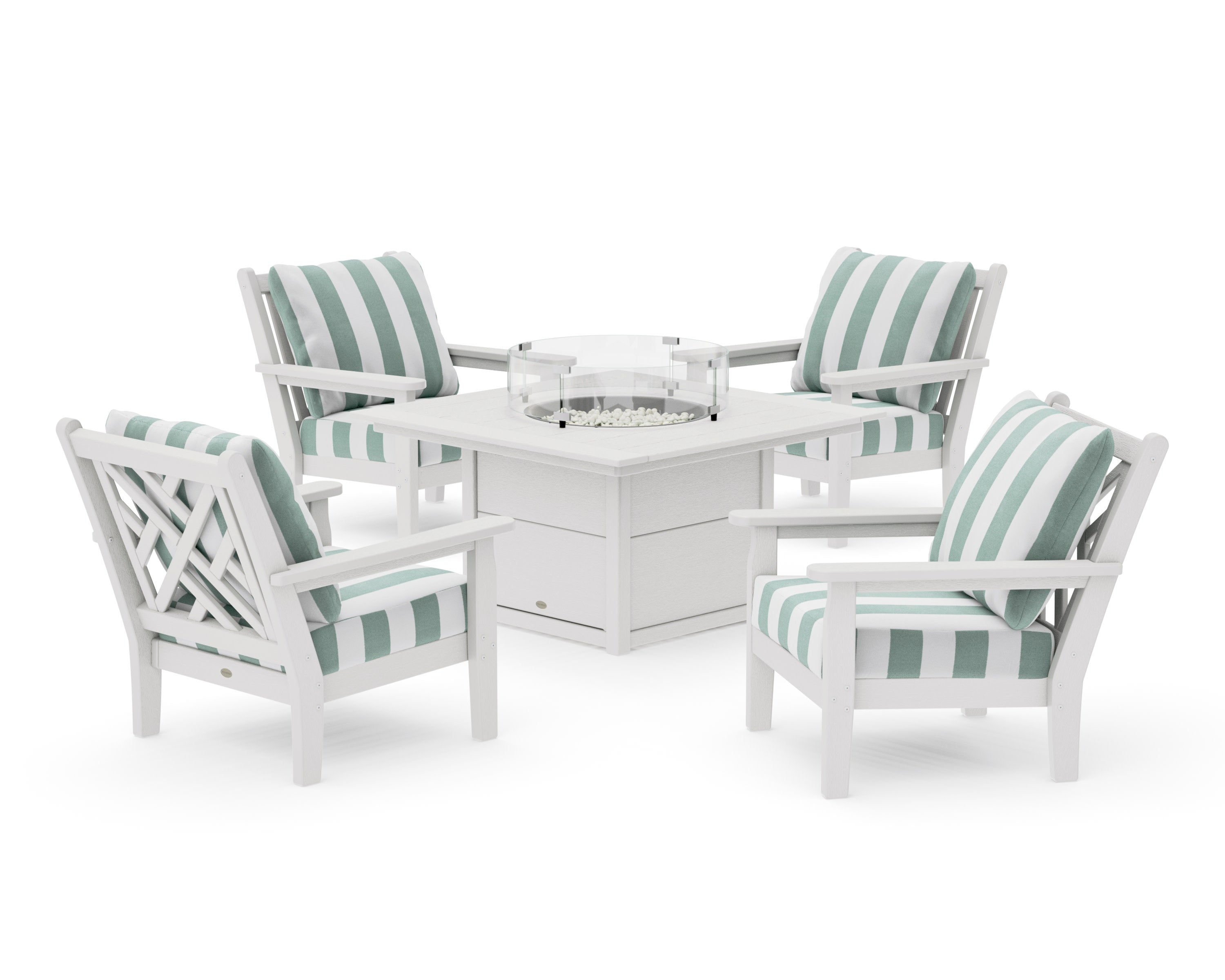 Chippendale 5-Piece Deep Seating Set with Fire Pit Table in Vintage White / Cabana Stripe Glacier Spa