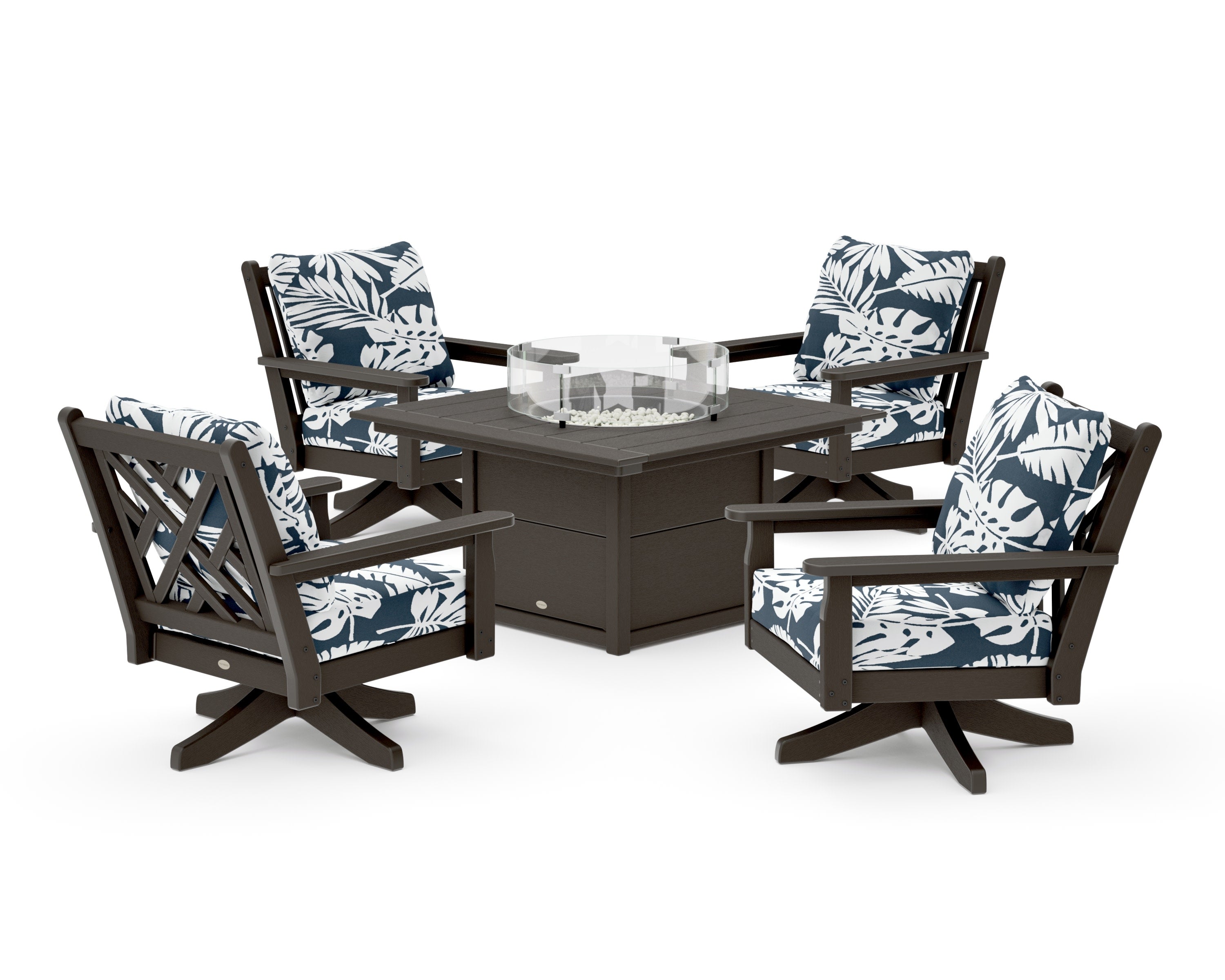 Chippendale 5-Piece Deep Seating Swivel Conversation Set with Fire Pit Table in Vintage Coffee / Leaf Marine Indigo