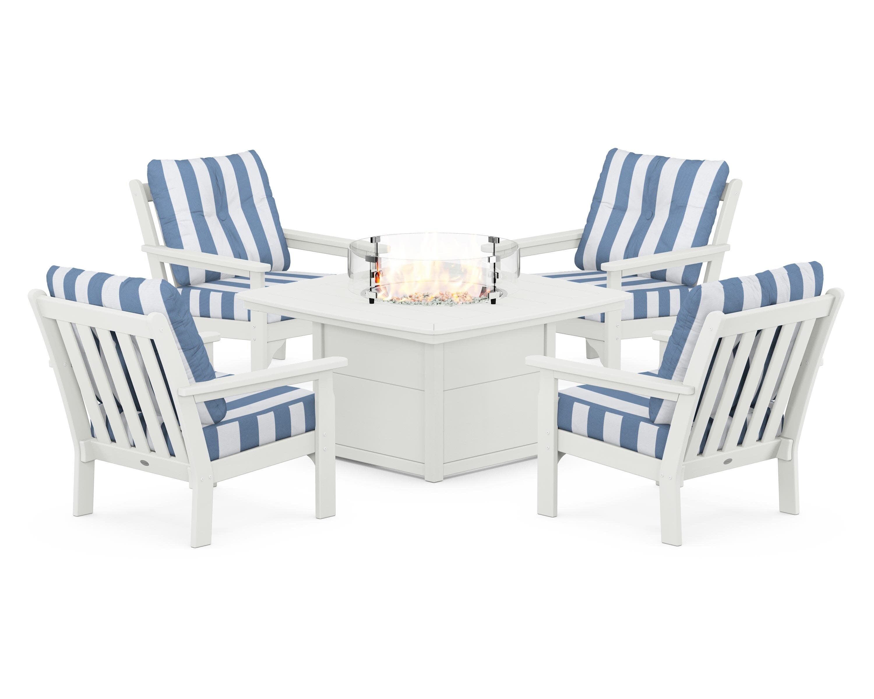 Vineyard 5-Piece Conversation Set with Fire Pit Table in Vintage White / Cabana Stripe Sky Blue
