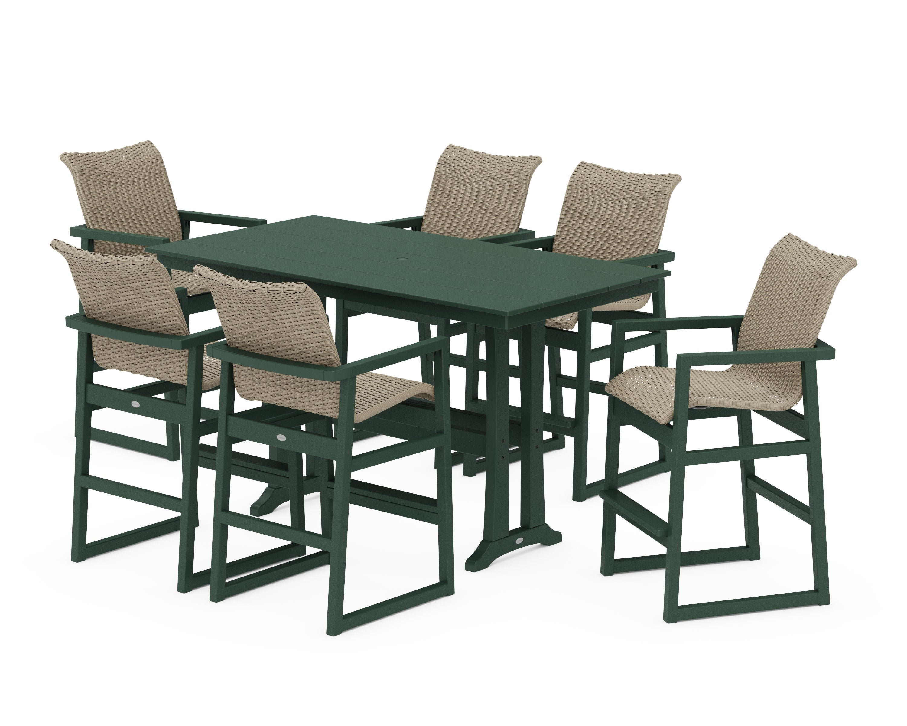 EDGE Woven Arm Chair 7-Piece Farmhouse Bar Set with Trestle Legs in Green / Dune Grass