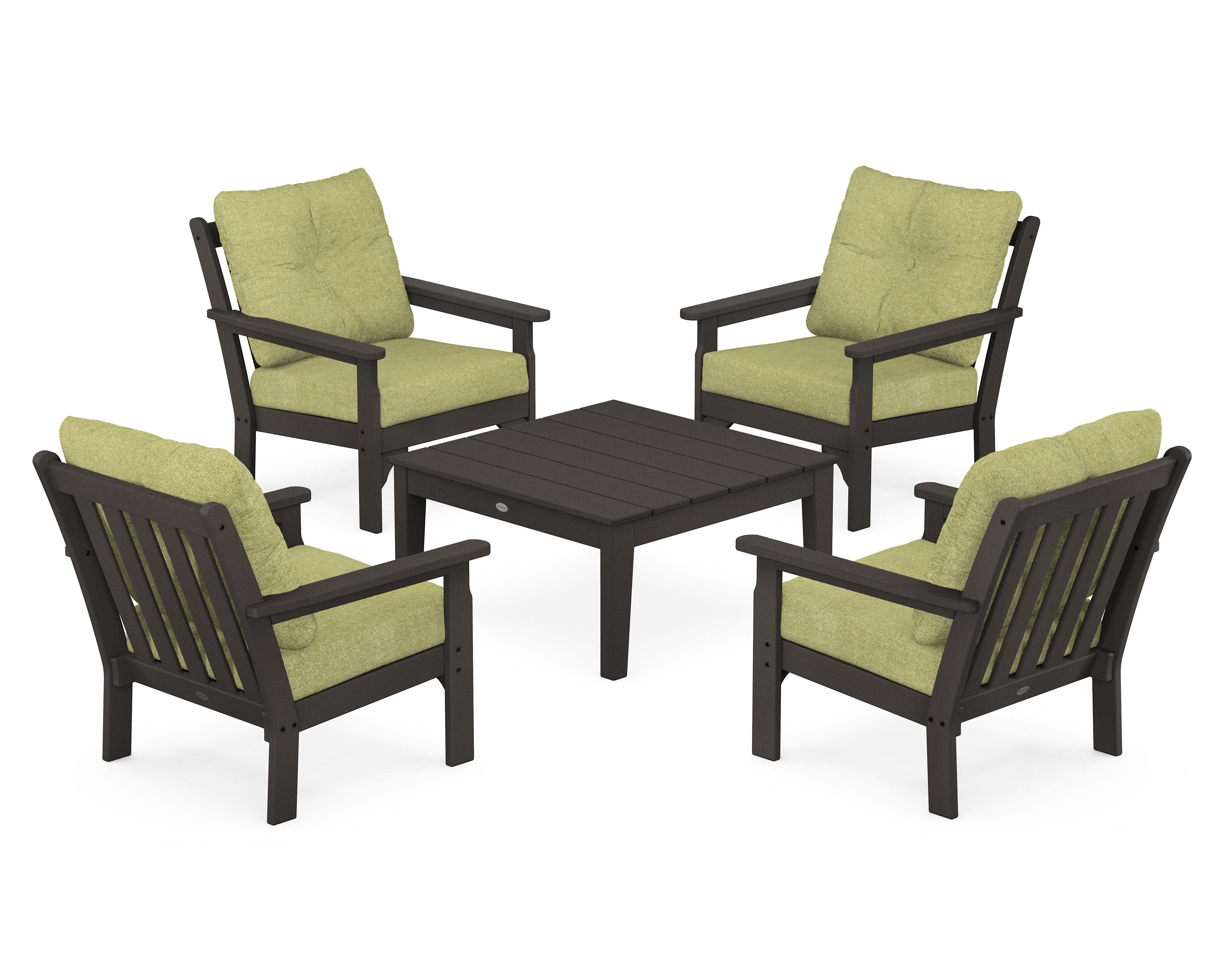 Vineyard 5-Piece Deep Seating Conversation Set in Vintage Coffee / Chartreuse Boucle