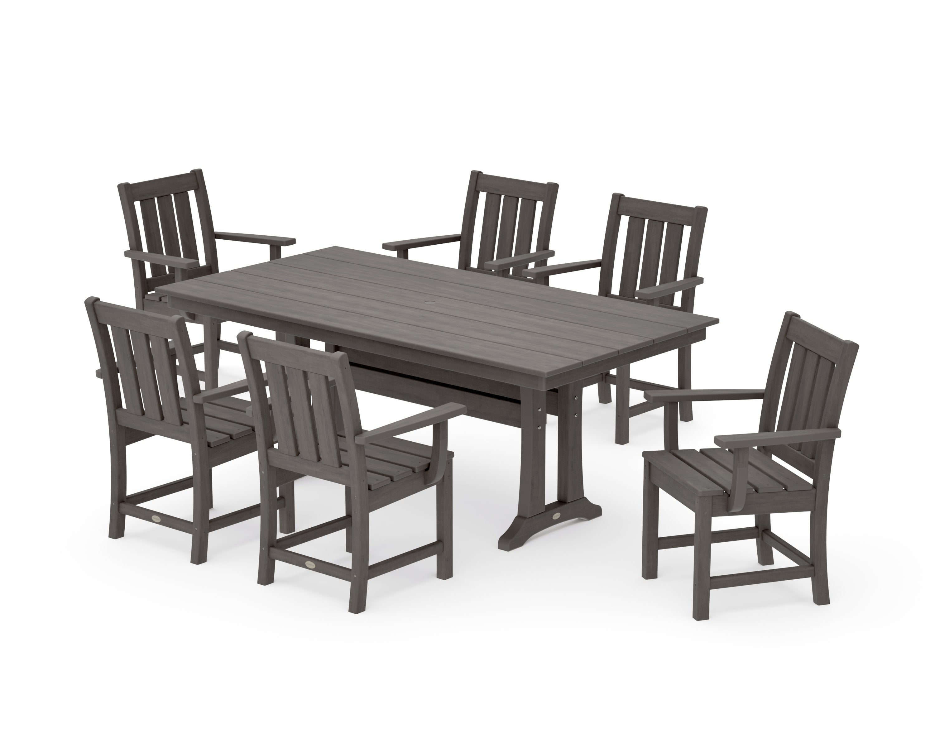 Oxford Arm Chair 7-Piece Farmhouse Dining Set with Trestle Legs in Driftwood