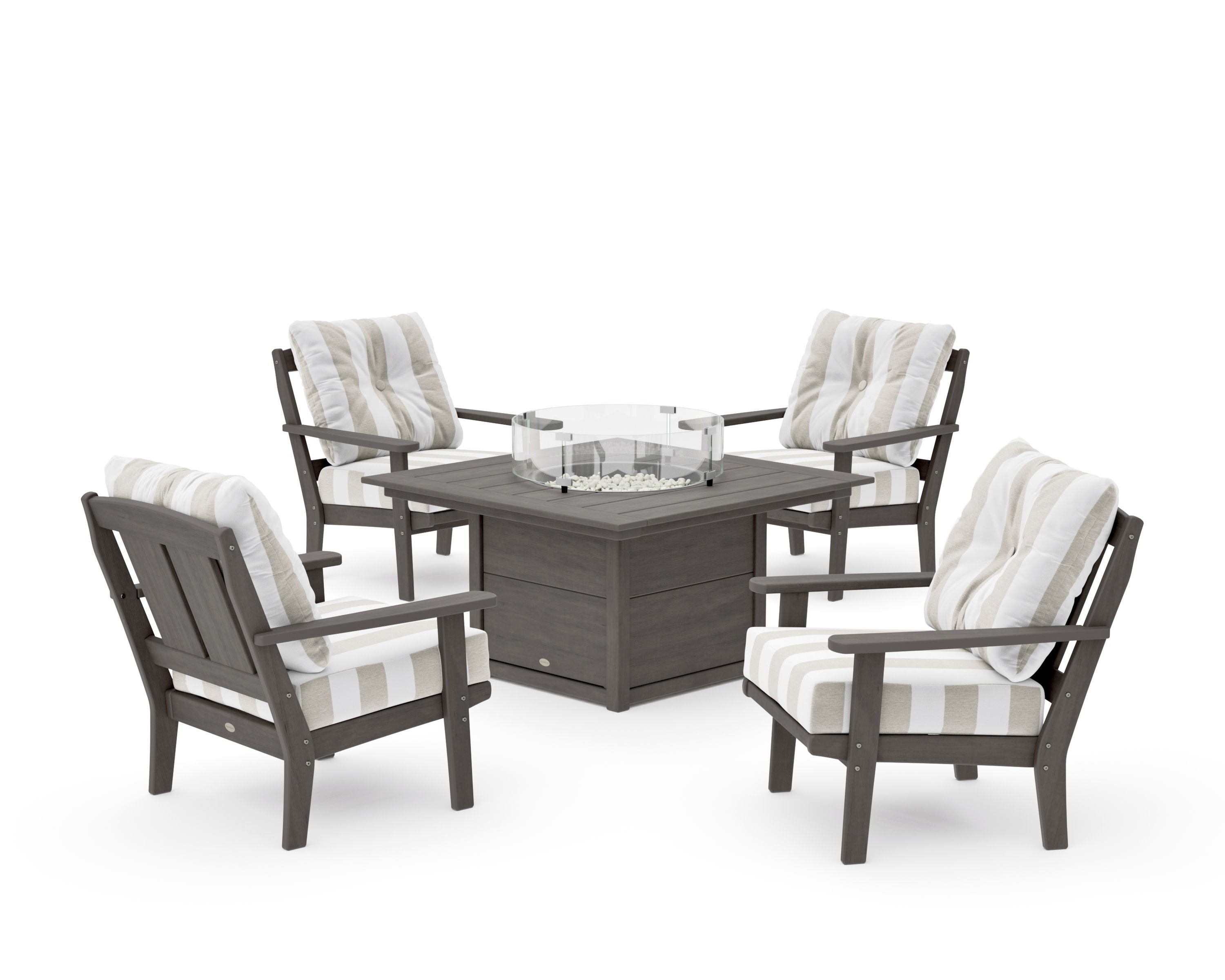 Mission 5-Piece Deep Seating Set with Fire Pit Table in Driftwood / Cabana Stripe Dune Burlap