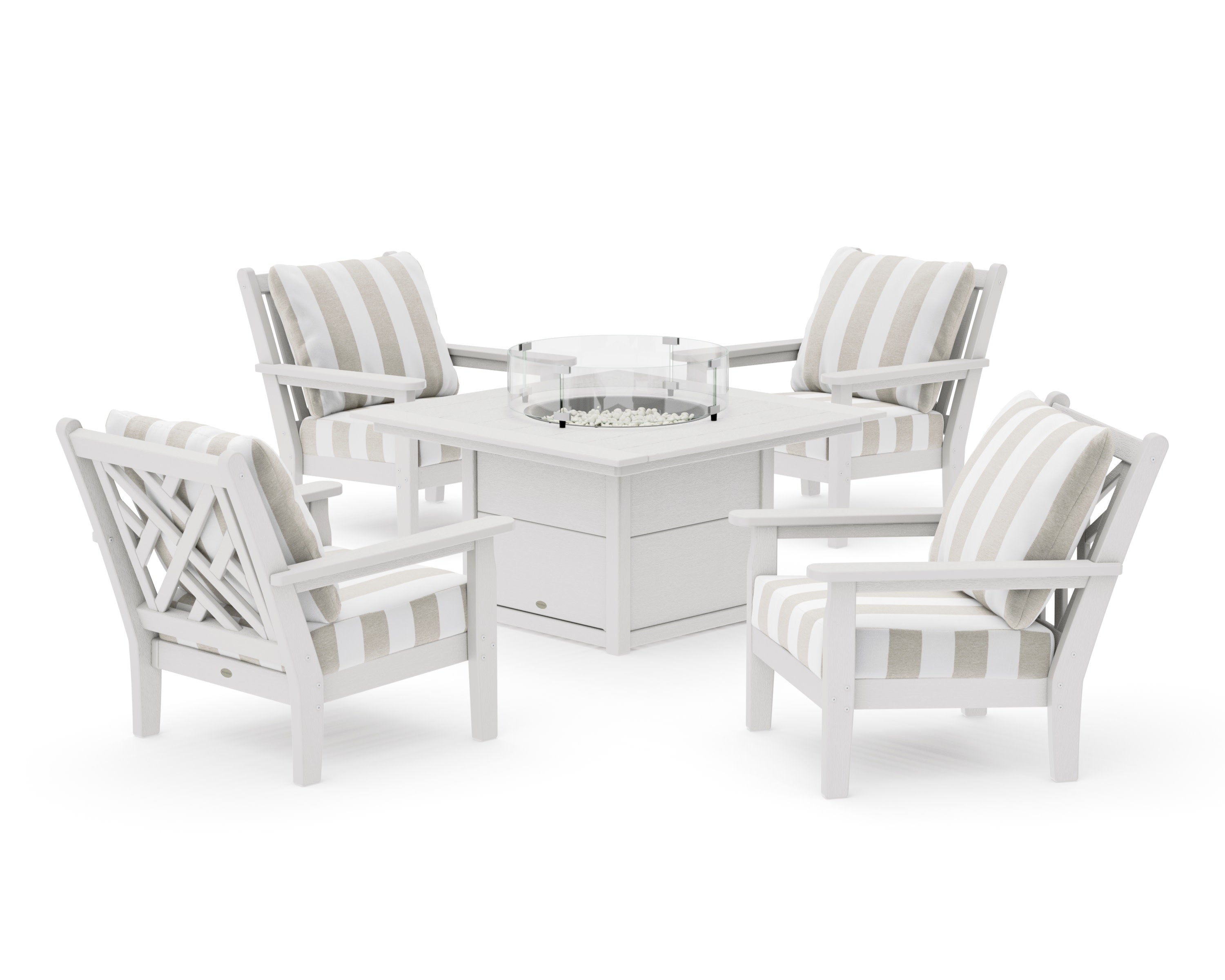 Chippendale 5-Piece Deep Seating Set with Fire Pit Table in Vintage White / Cabana Stripe Dune Burlap