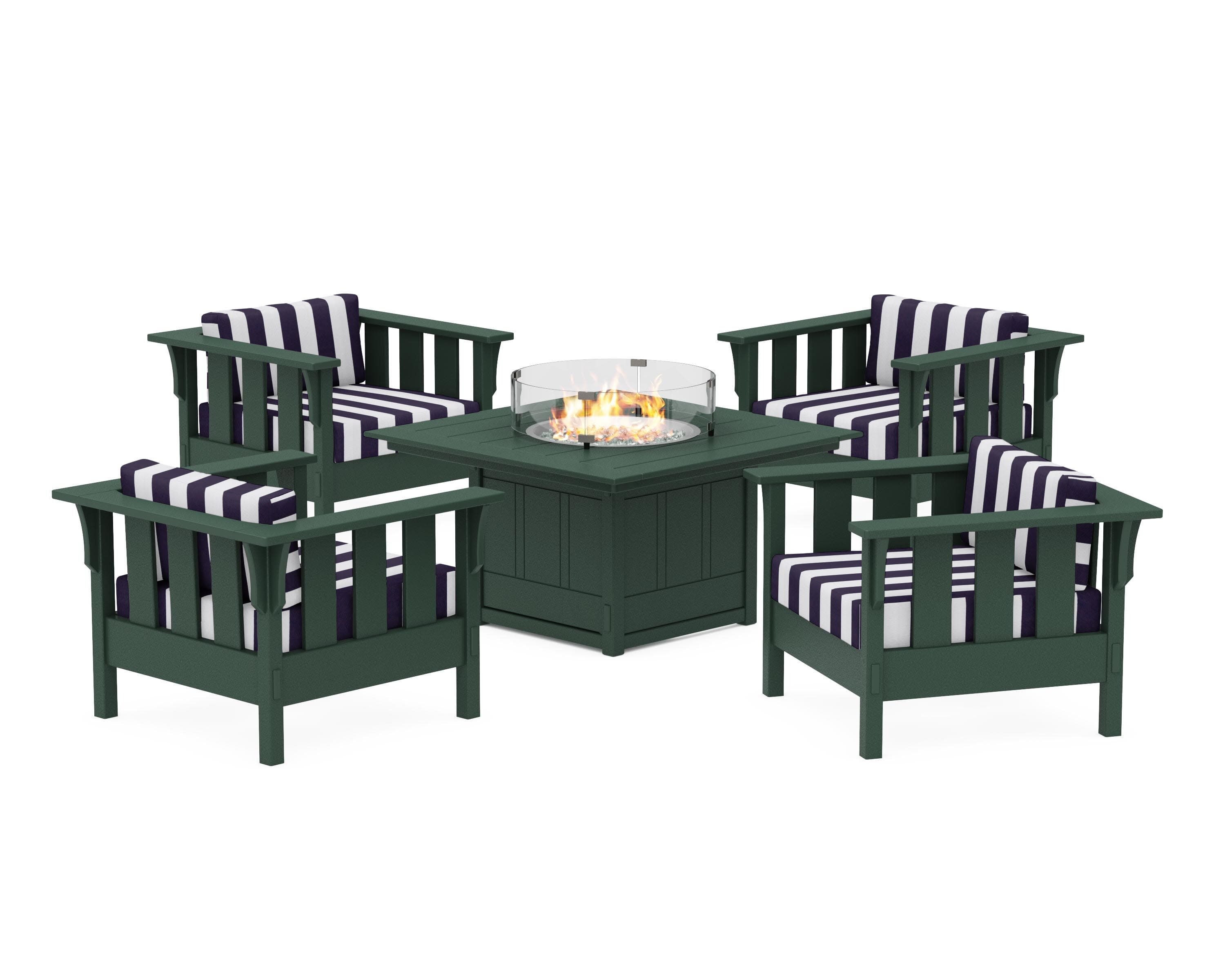 Acadia 5-Piece Deep Seating Set with Fire Pit Table in Green / Cabana Stripe Navy