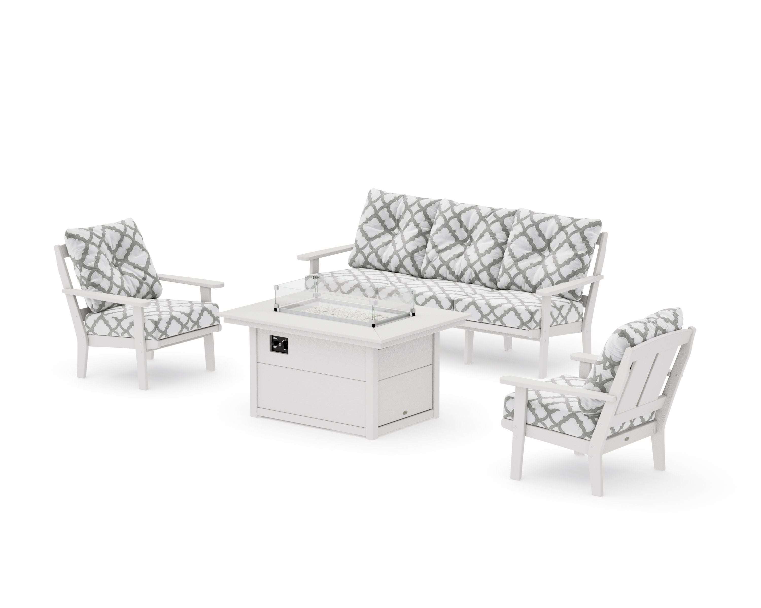 Mission Deep Seating Fire Pit Table Set in Vintage White / Trellis Grey Mist