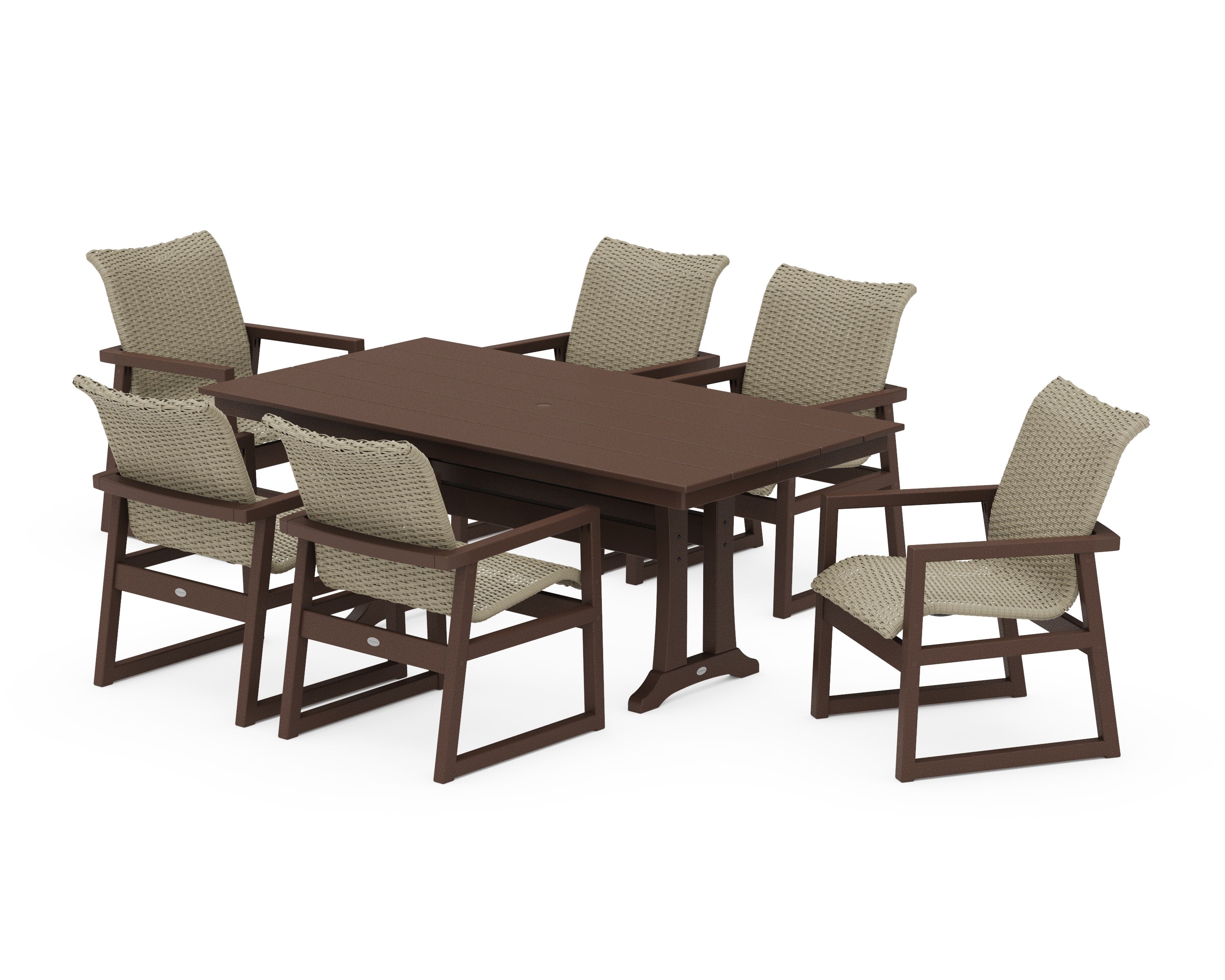 EDGE Woven Arm Chair 7-Piece Farmhouse Dining Set with Trestle Legs in Mahogany / Dune Grass