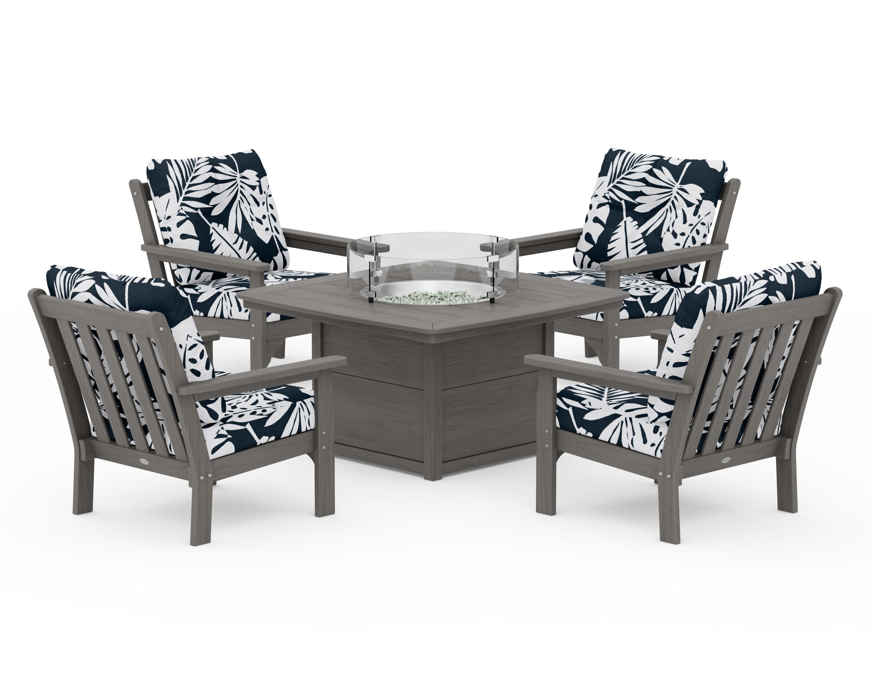 Vineyard 5-Piece Conversation Set with Fire Pit Table in Driftwood / Leaf Marine Indigo