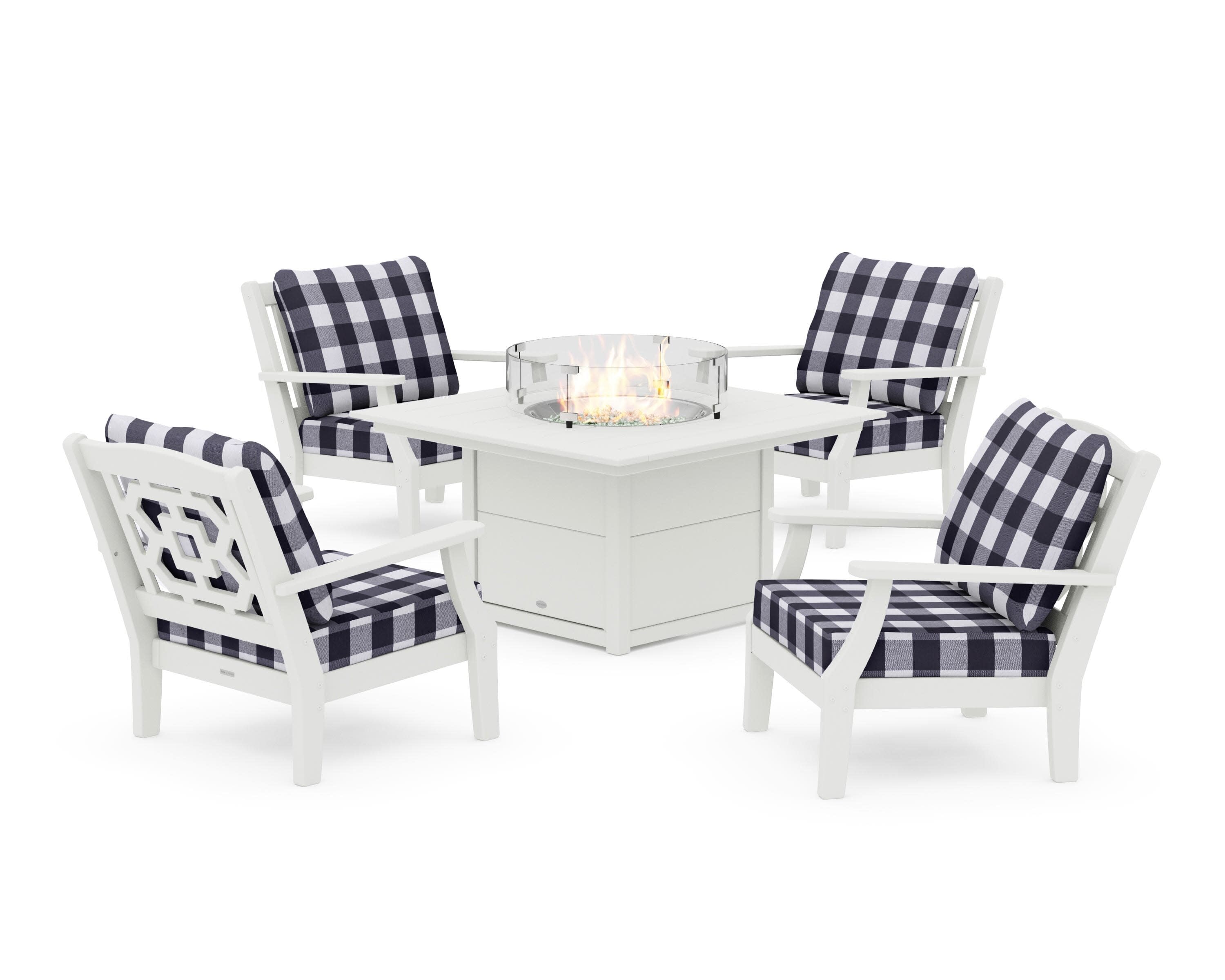 Chinoiserie 5-Piece Deep Seating Set with Fire Pit Table in Vintage White / Buffalo Plaid Navy