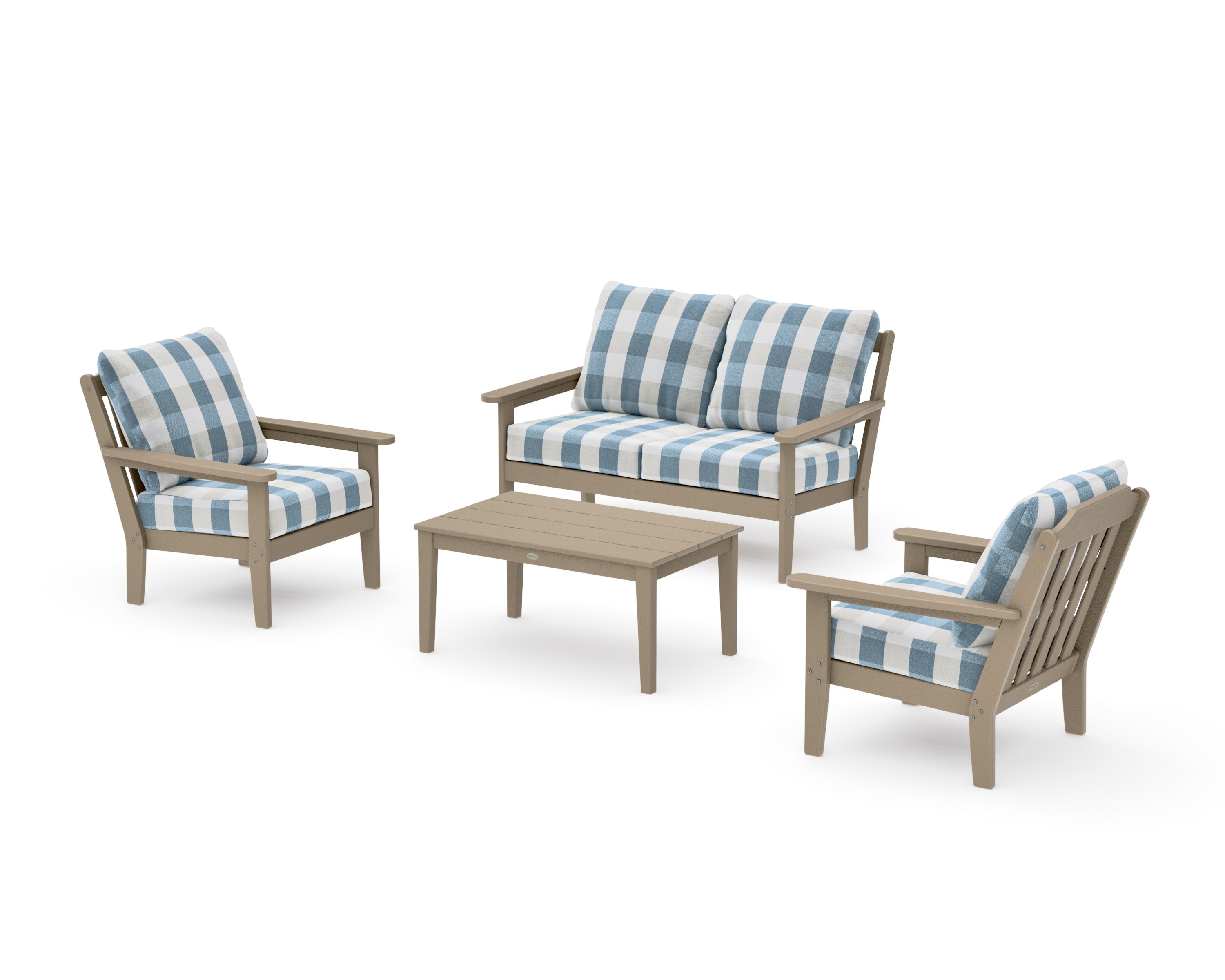 Cottage 4-Piece Deep Seating Set with Loveseat in Vintage Sahara / Buffalo Plaid Sky Blue
