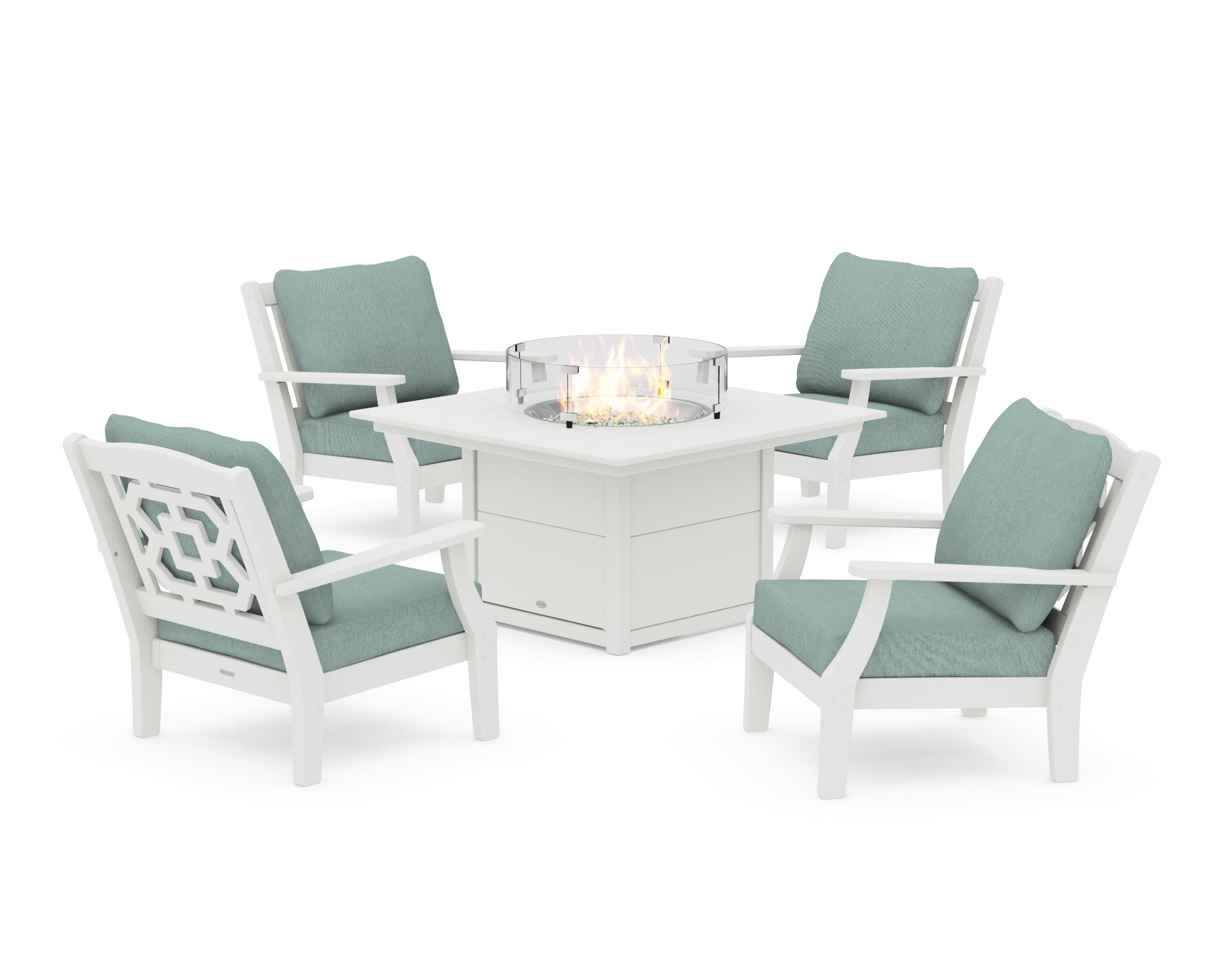 Chinoiserie 5-Piece Deep Seating Set with Fire Pit Table in Vintage White / Glacier Spa