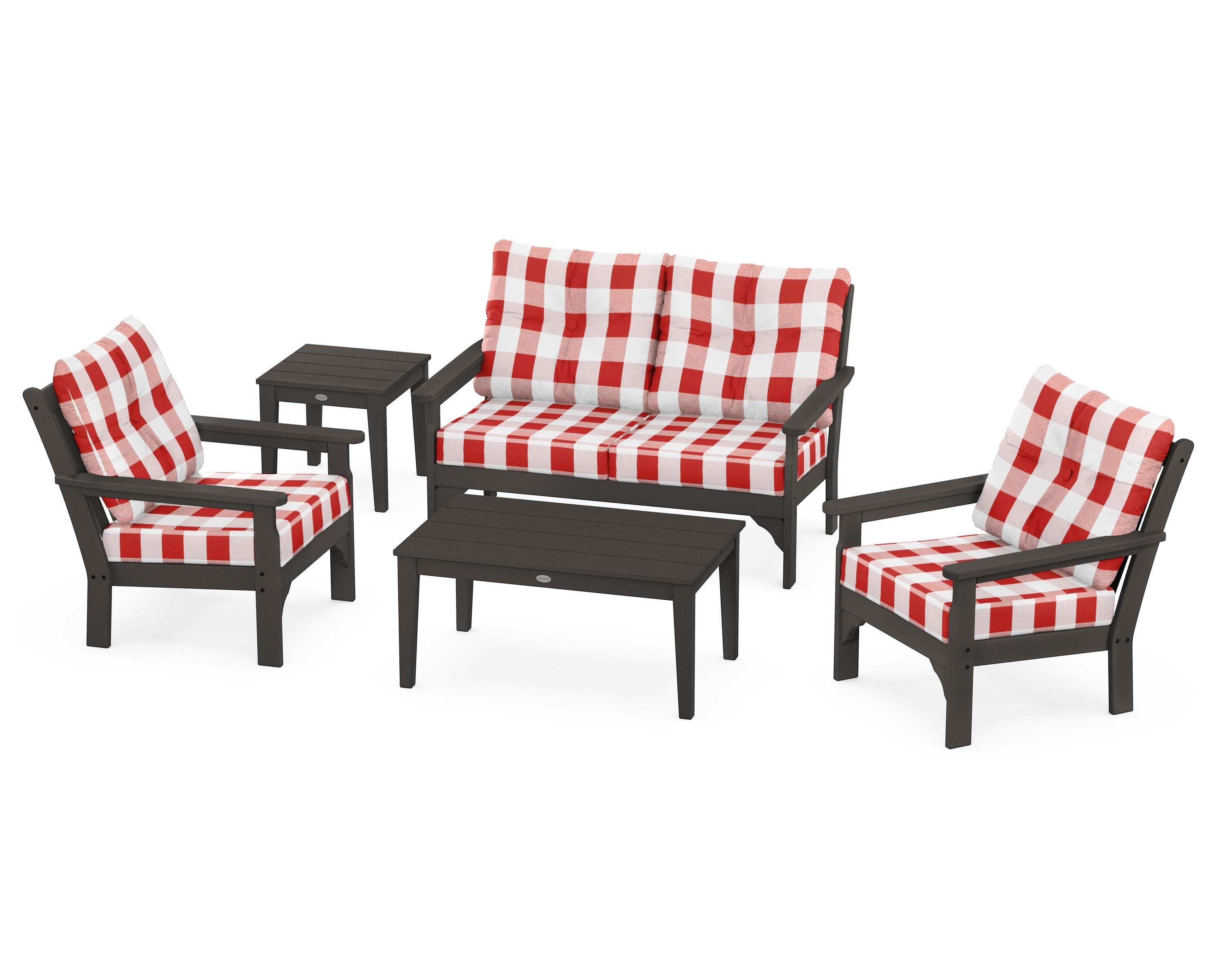 Vineyard 5-Piece Deep Seating Set in Vintage Coffee / Buffalo Plaid Crimson